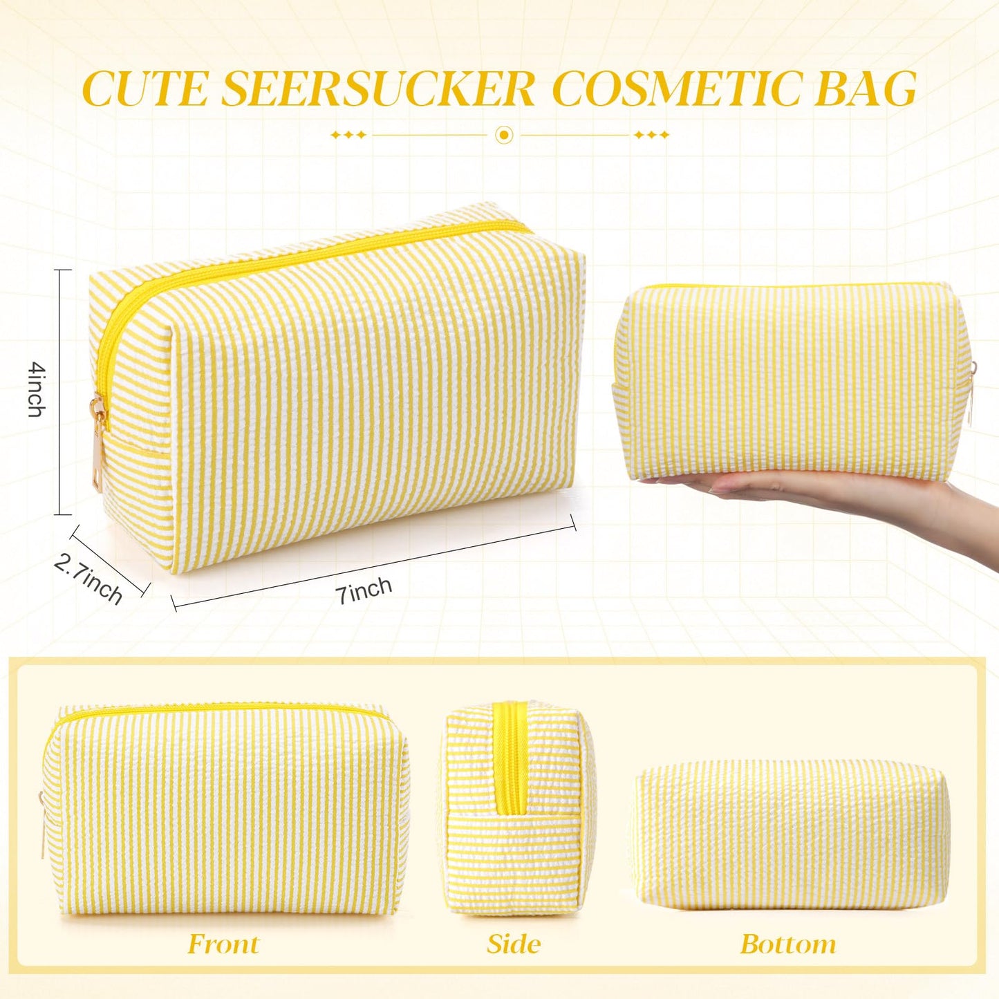 Sanwuta 6 Pcs Seersucker Cosmetic Bags Bulk Seersucker Makeup Bags Stripe Women Pouch Large Preppy Storage Pouch Toiletry Travel Organizer for Wedding Bridesmaid Bride Favor Mom Gift (Yellow)