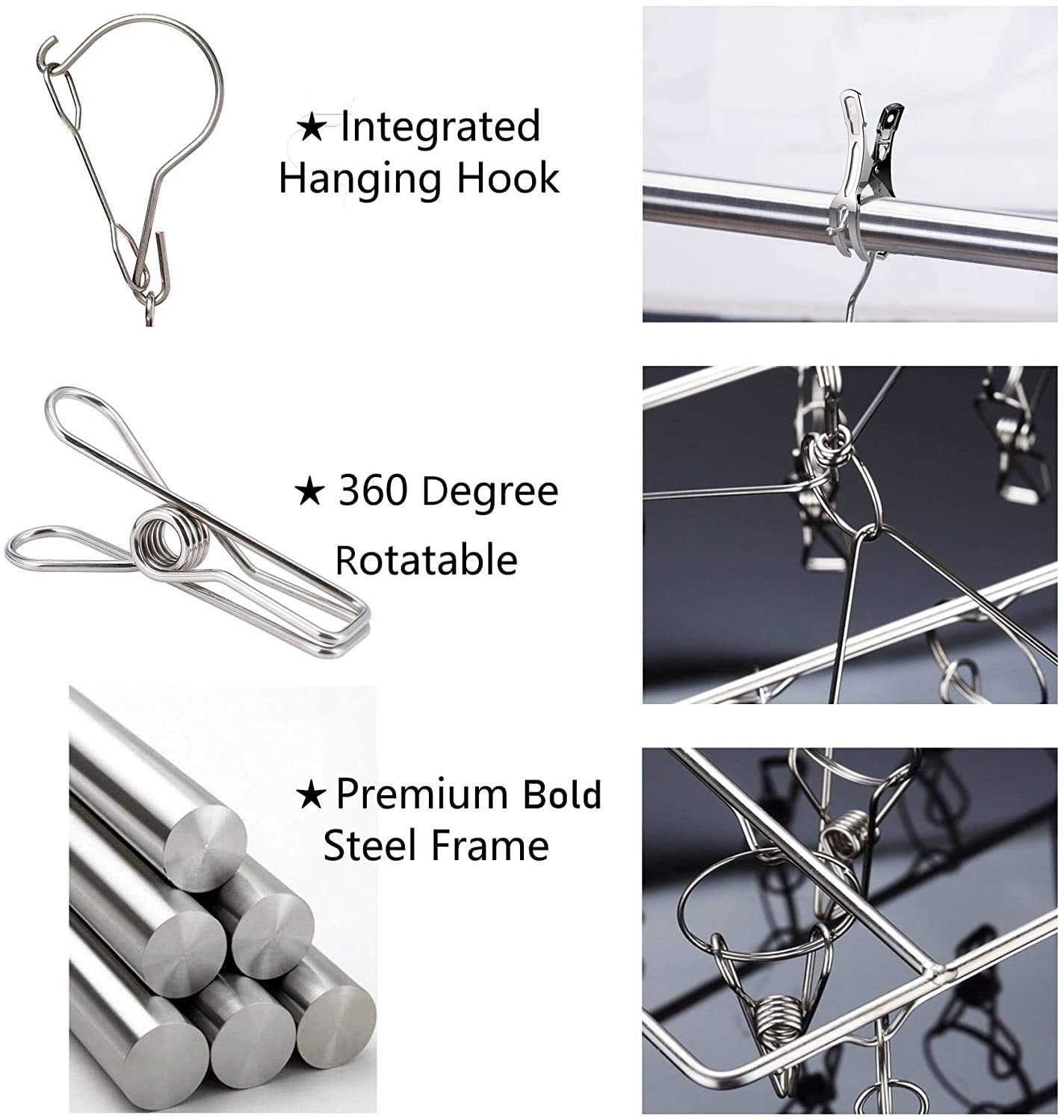 Stainless Steel Sock Drying Rack with 36 Clips, Swivel Hook Wind-Proof Clothes Hanger Rack for Sock, Bras, Underwear, Laundry Accessories