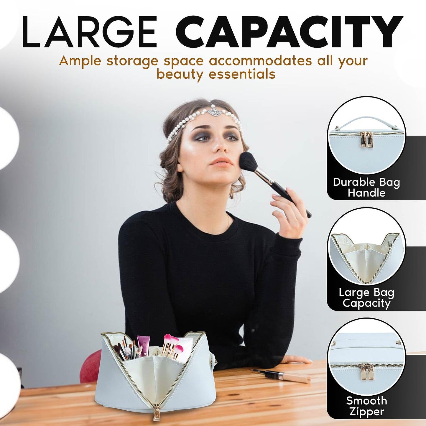 Travel Makeup Bag, Large Capacity Cosmetic Bag for Women, Large Makeup Organizer, PU Leather Waterproof Makeup bag, Travel Toiletry Bag Open flat Makeup Bag with Dividers and Handle (Smooth, White)