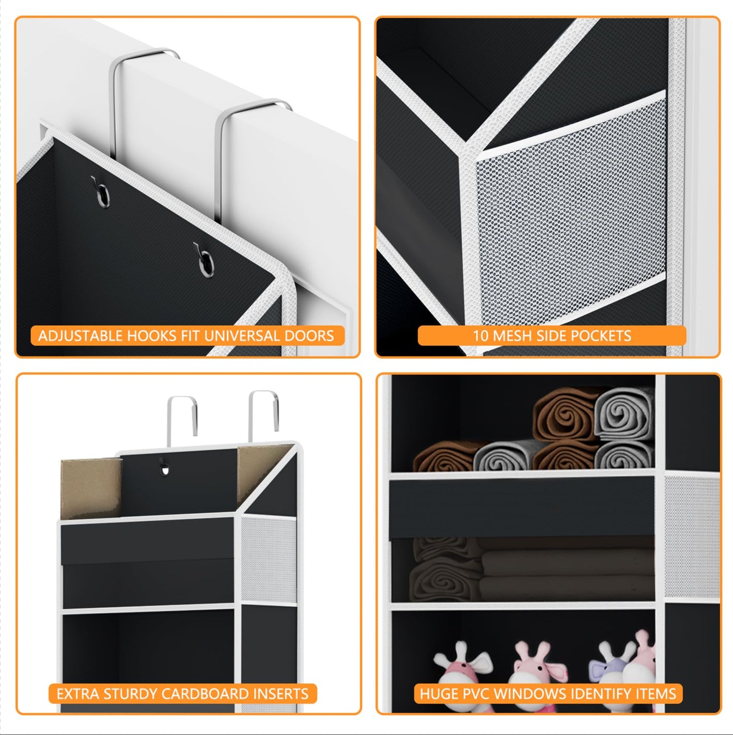 Over Door Organizer - Over The Door Storage Organizer with 5 Large Pockets & 10 Mesh Side Compartments - Heavy-Duty Hanging Storage for Bathroom, Bedroom & Nursery - Room Organizer Solution - Black