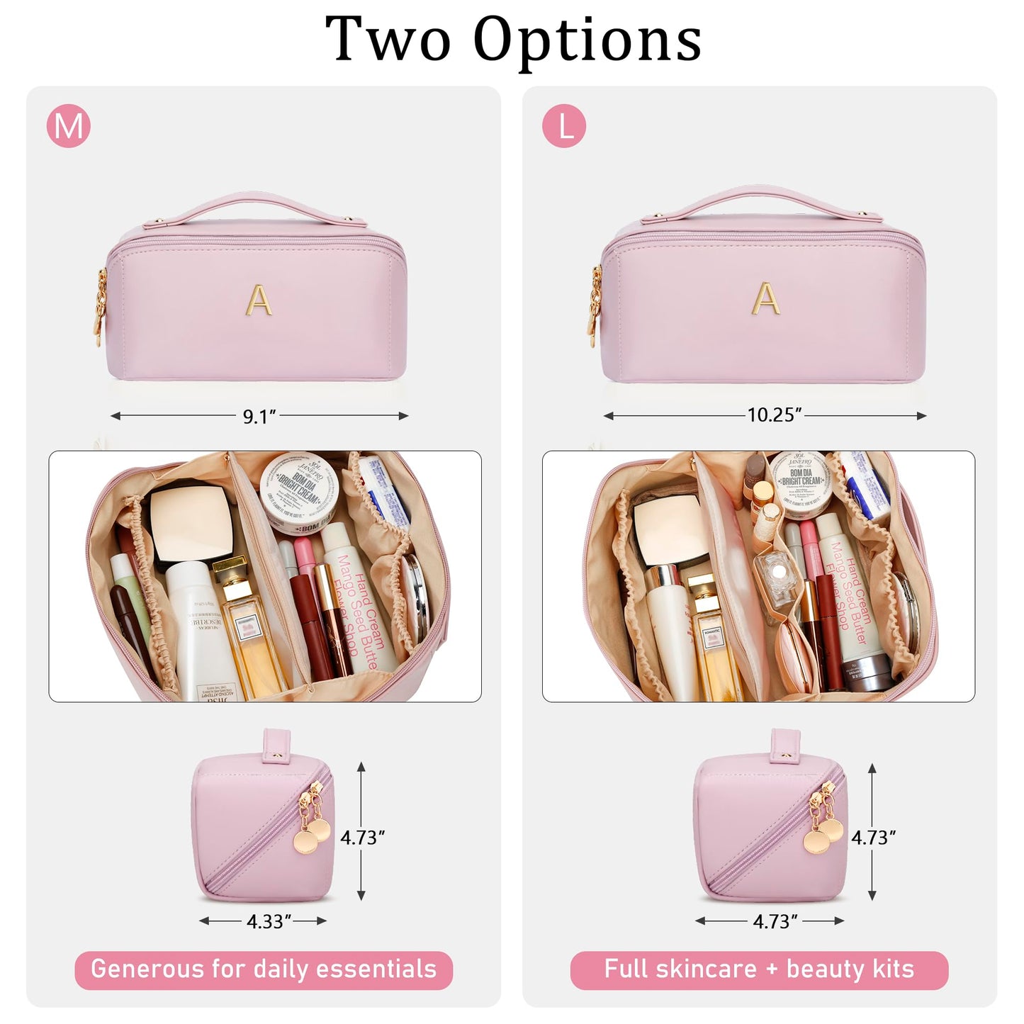 CLOUDWINGS Initial Makeup Bag Gifts for Women Bridesmaid Gifts Travel Toiletry Personalized PU Leather Waterproof Cosmetic Bag (Large-Pink-A)