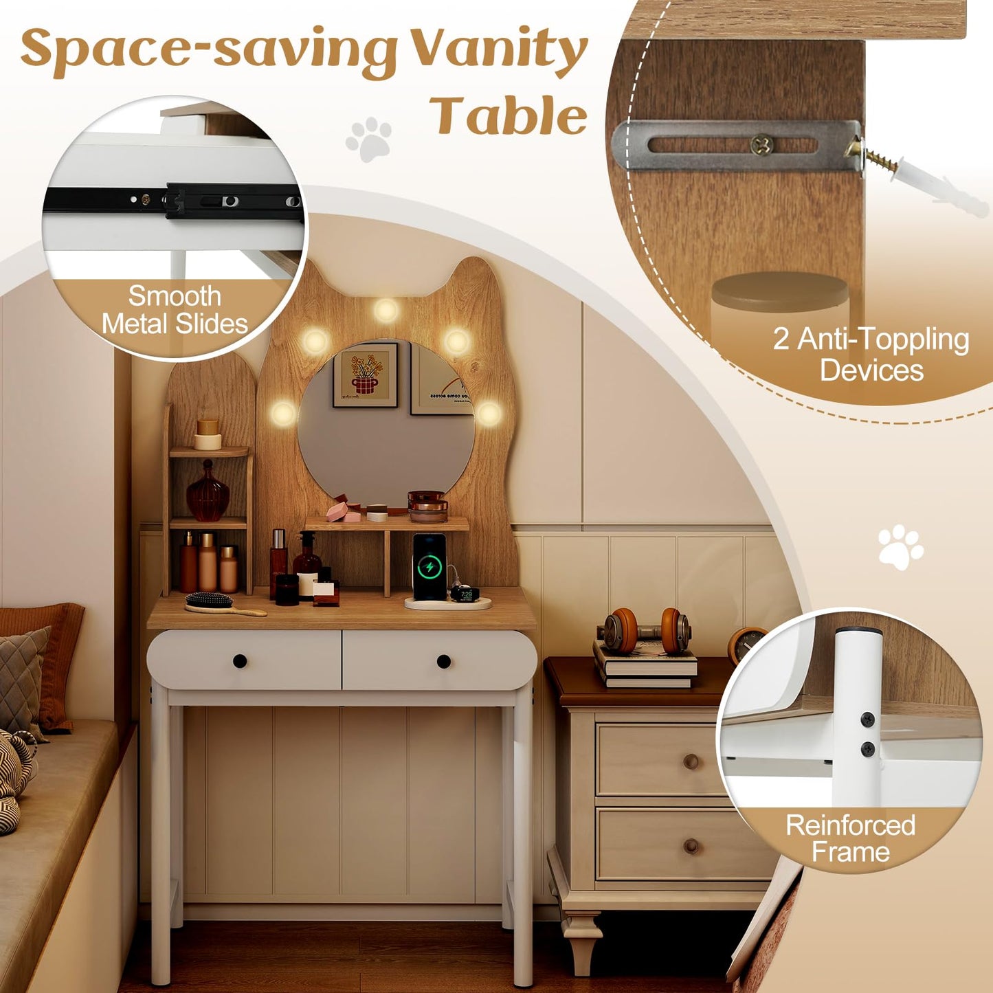 LOKO Cute Cat-Themed Vanity Desk, 31.5" Makeup Table with Kitty Ear Design, Charging Station, 3-Color LED Bulbs, Dimmable Brightness, Open Shelves & 2 Drawers, Modern Dressing Table for Women, Girls
