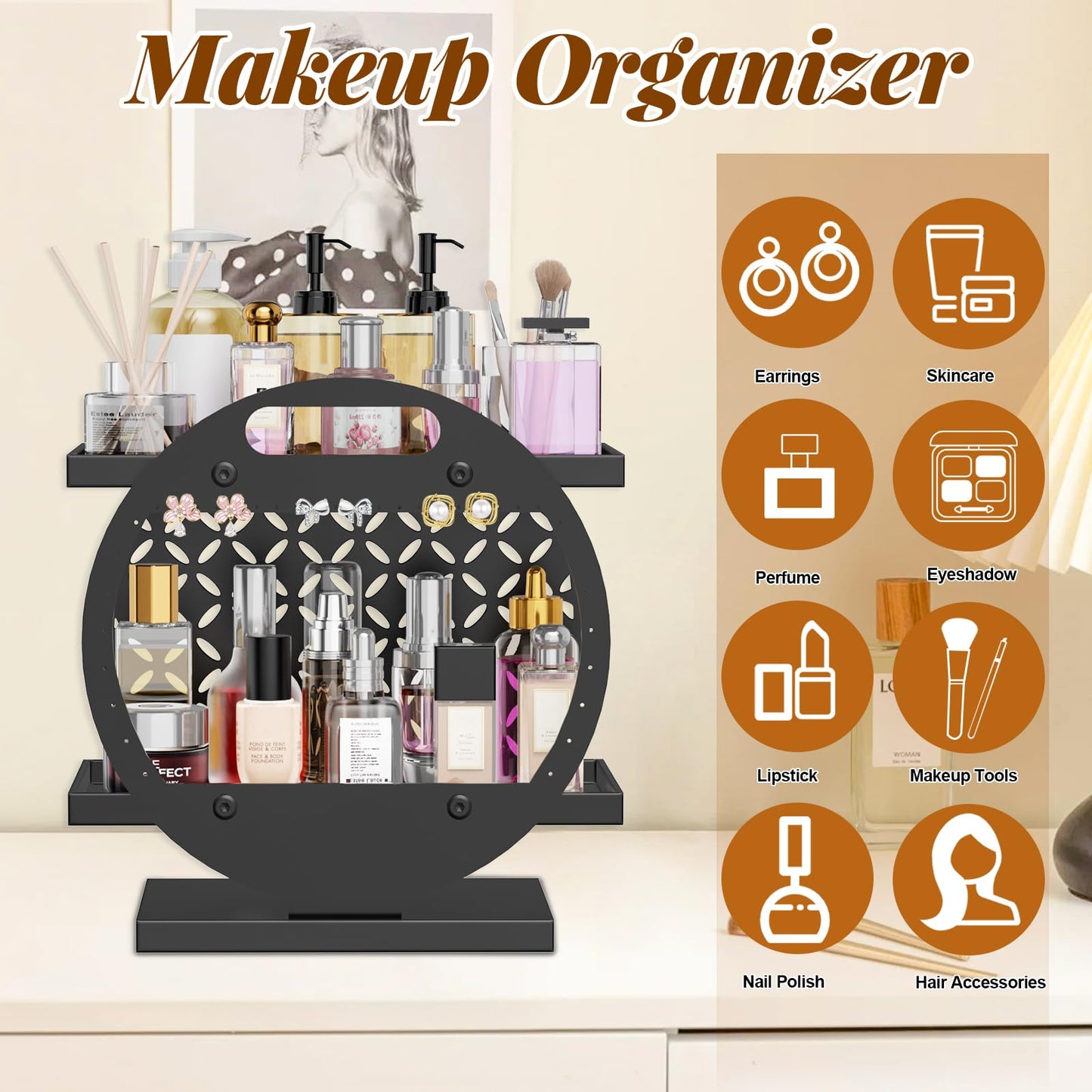 Gouisalin Makeup Organizer for Vanity, 2-Tier Black Perfume Stand Organizer for Dresser, Bathroom Countertop Organizers Bathroom Counter Shelf Skincare Holder Storage Tray Cosmetic Display Rack