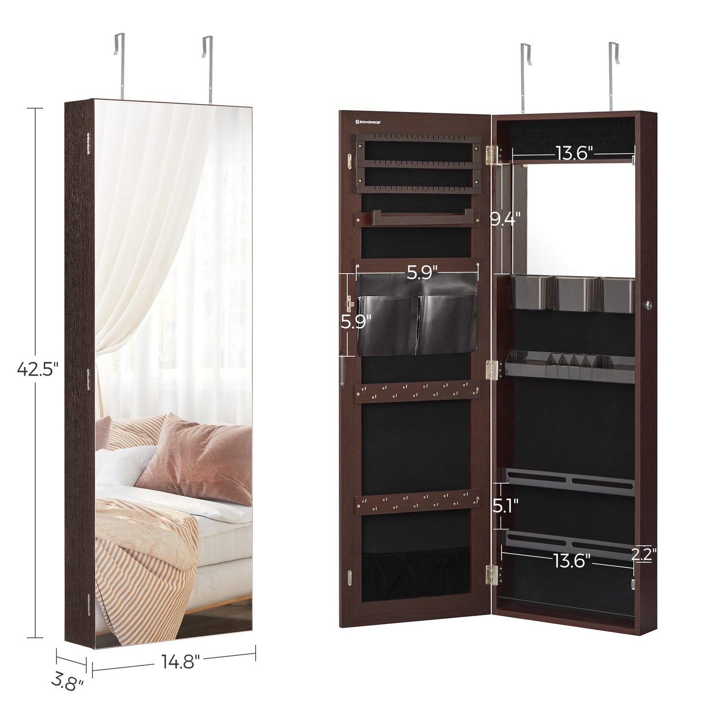 SONGMICS Jewelry Cabinet Armoire, Wall or Door Mount Storage Organizer with Full-Length Frameless Mirror, Lockable Cabinet with Built-in Small Mirror, Shelves, Gift Idea, Brown UJJC003K01