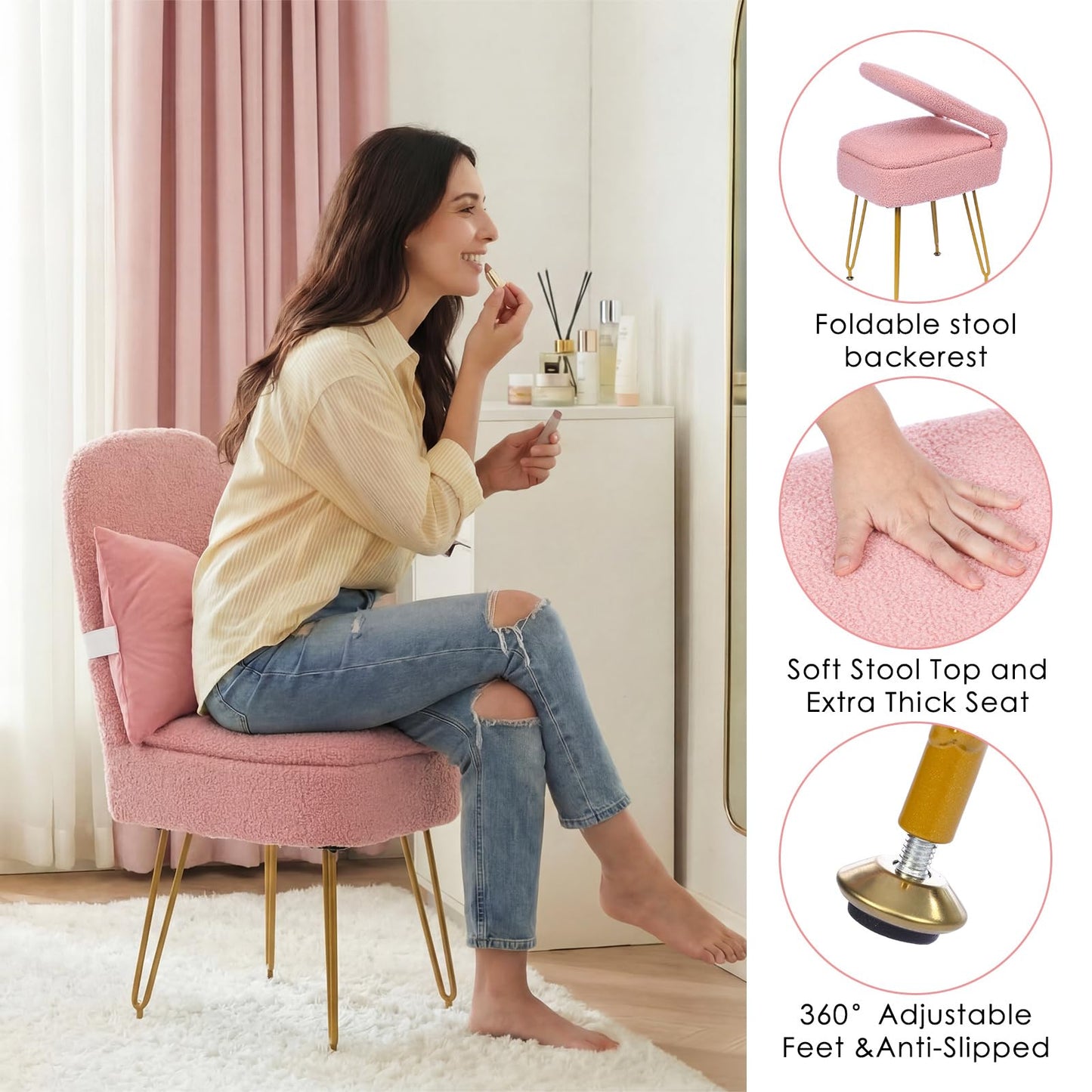 Novabright Small Vanity Stool Chair with Storage and Back Faux Fur Soft Ottoman Pink Bow Makeup Vanity Chair 13" x 14" x 30" Cute Small 4 Metal Leg for Makeup Bedroom Living Room Dressing Room