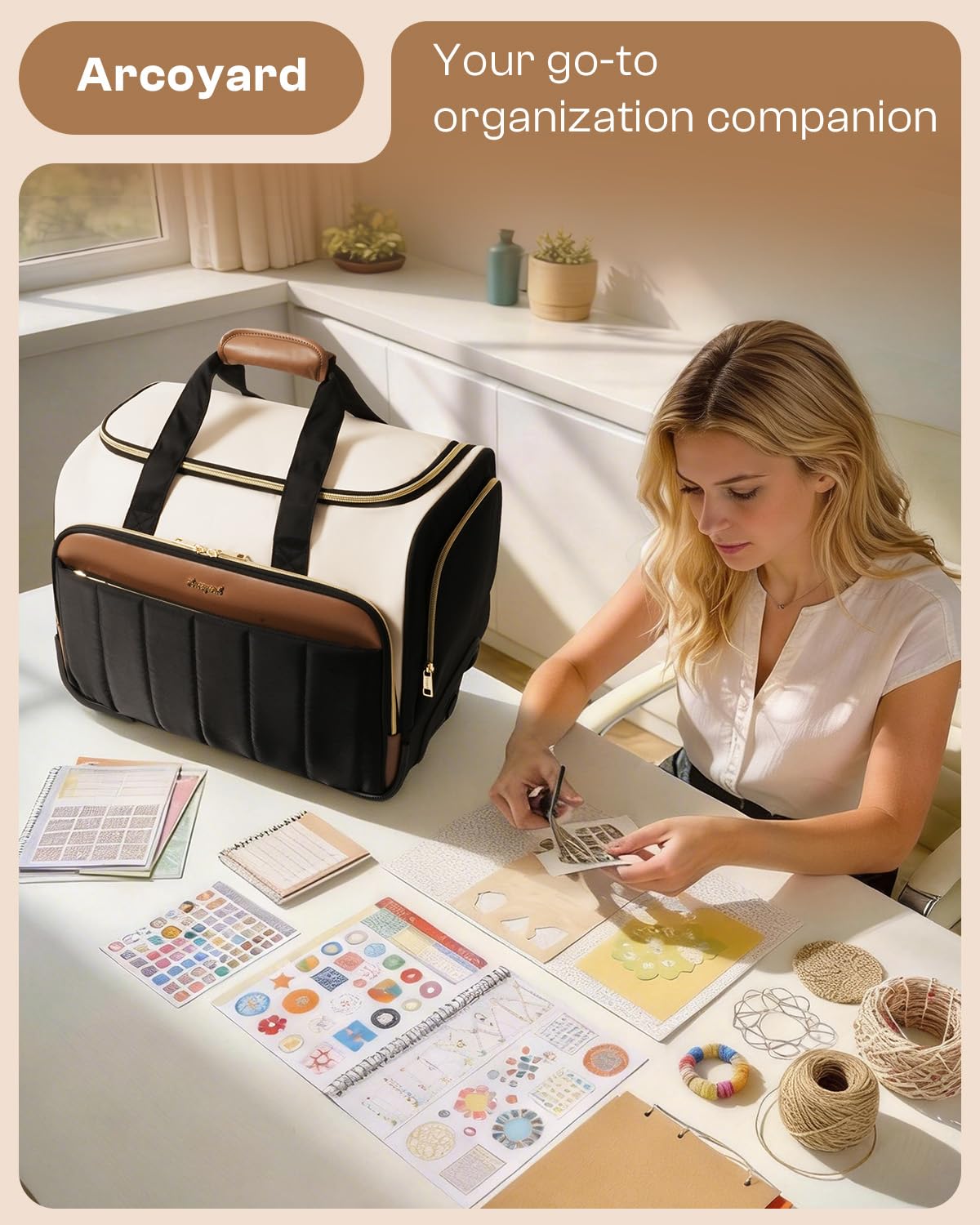 Rolling Craft Bag with Wheels, All-in-One Rolling Scrapbook Tote No Installation Required, Rolling Teacher Bag Fits 16” Laptop, Art bags for supplies for DIY, Sewing, Scrapbooking Supplies,Beige Brown
