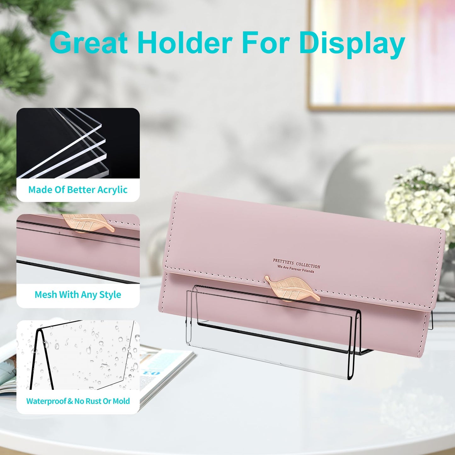 Boloyo Acrylic Display Stand with Sign Plate, 6PC Clear Display Easel Wallet Display Riser Holder, Acrylic Perfume Display Holder for Displaying Wallet, Figure , Cosmetic, Jewelry ,Makeups, Glasses (Small, 6PC)