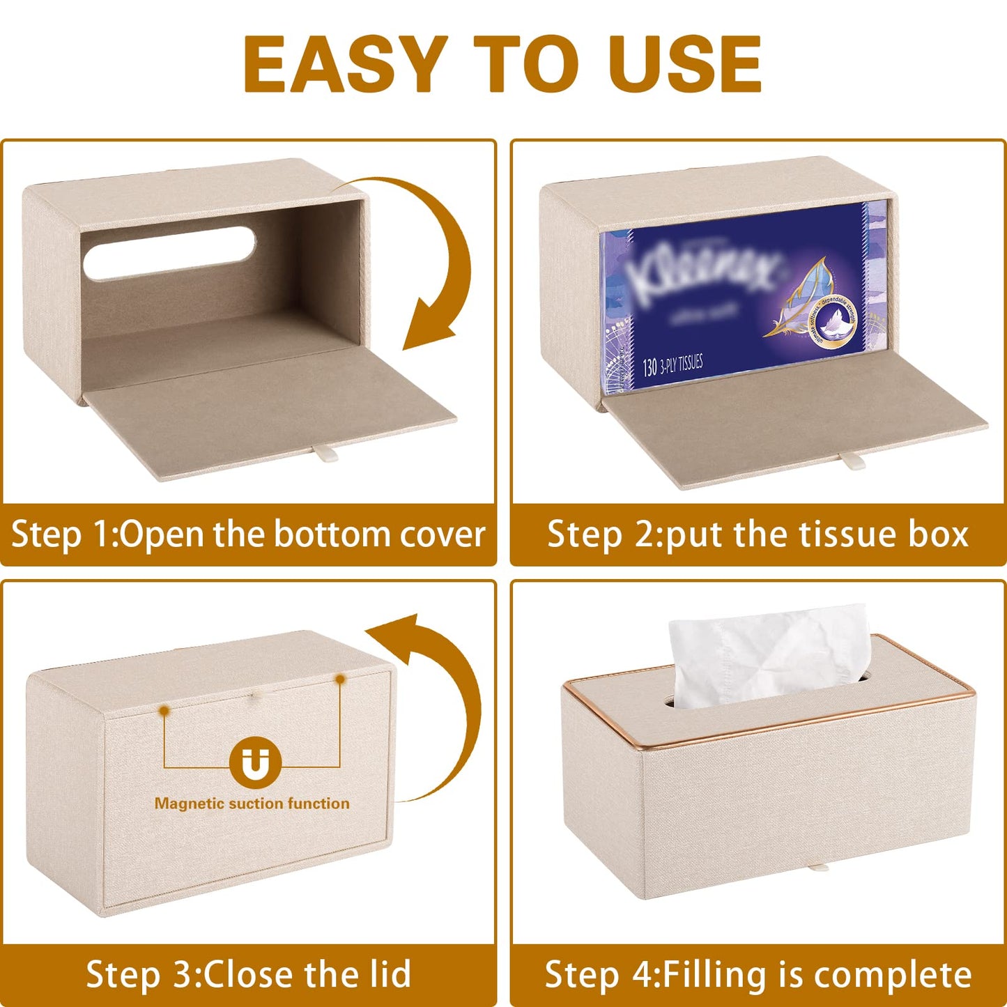 XNONE Tissue Box Cover Rectangle Tissue Box Holder PU Leather Facial Organizer with Magnetic Bottom,Decorative Napkin Caddy for Vanity Dresser Night Stand Table Countertop Home Office Car,Beige