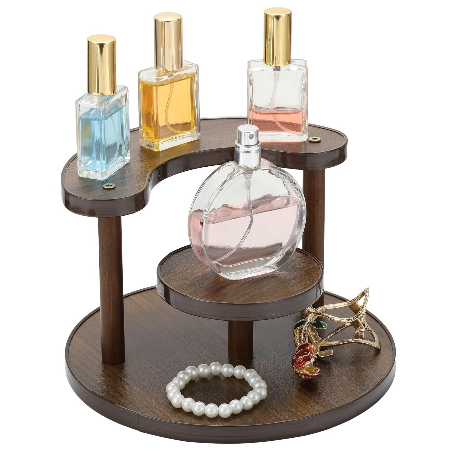 3 Tier Perfume Organizer Stand, Wooden Makeup Organizer Shelf for Vanity, Desktop Display Stand for Fragrance Cologne Storage, Compact Tiered Display Rack for Dresser Countertop, Dark Brown Finish