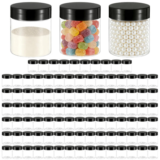 100 Pack 4Oz Plastic Jars Round Clear Cosmetic Container with Black Lids, Wide Mouth Small Jars Leak-Proof for Lotion, Cream, Ointments, Makeup, Eye shadow, Rhinestone, Samples, Pot, Travel Storage