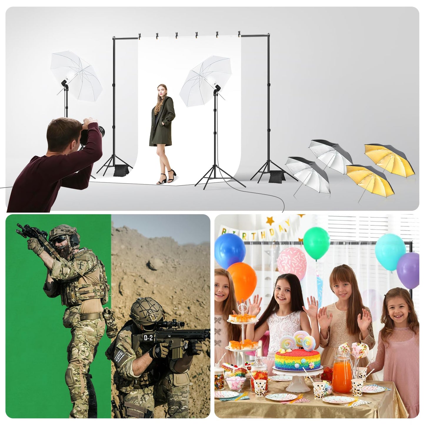 EMART 6.5x10ft Backdrop Support System, Professional Photography Lighting Kit with 45W CFL Blub, Umbrellas, 6x9ft Backdrop(White/Black/Green) for Photography Studio, Portrait, Video Shooting