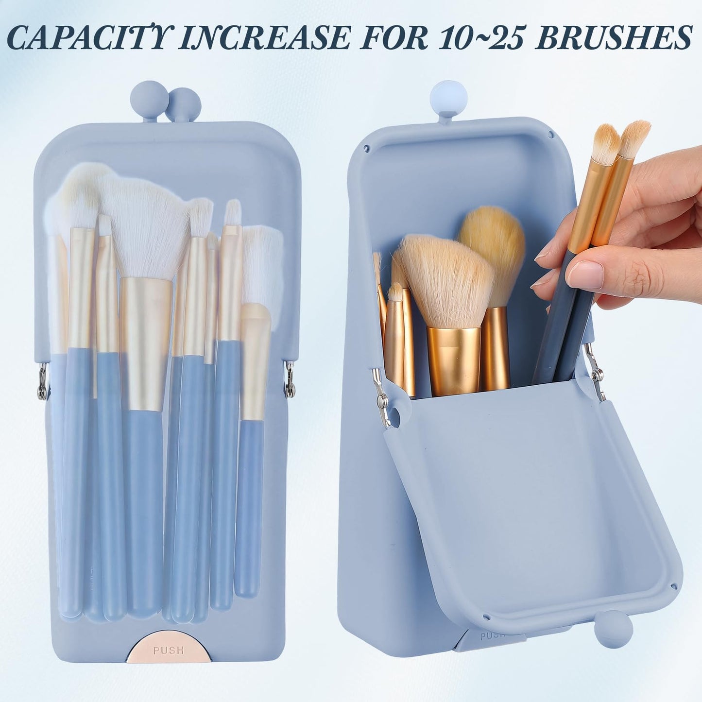 Kacctyen Makeup Brush Case Silicone Makeup Brush Holder Standing Silicone Make up Travel Bag Portable Cosmetic Case Organizer with Suction Base and Phone Stand Pouch for Travel Home Use(Light Blue)