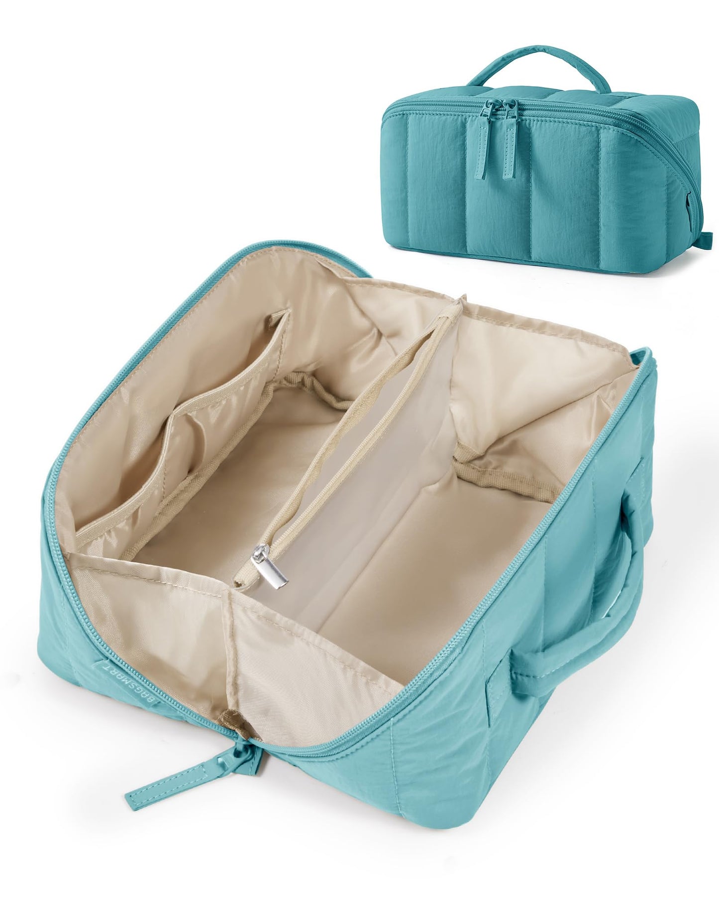BAGSMART Travel Makeup Bag for Women, Portable Water-resistant Cosmetic Case, Puffy Padded Make Up Organizer Pouch, Open Flat Toiletry Bag for Toiletries, Brushes, Green