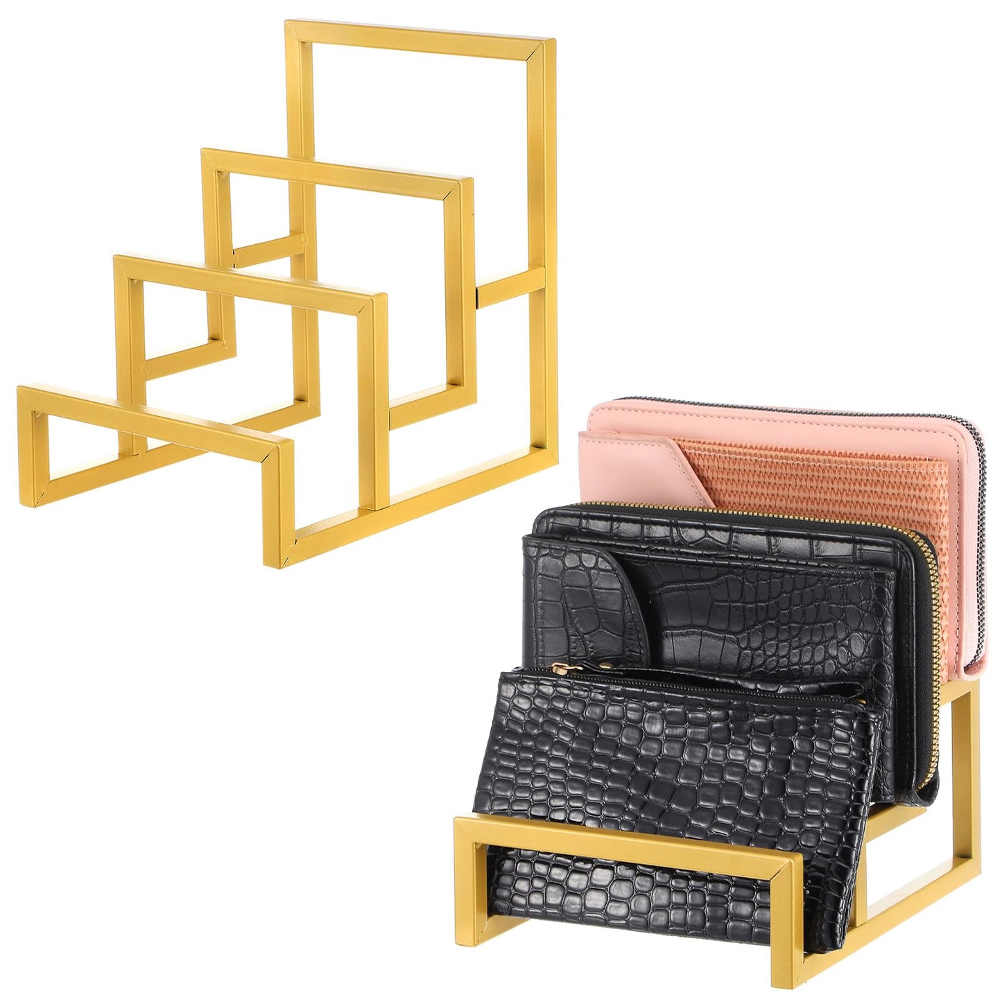 xozeooeu 2 Pack 3-Tier Purse Display Stand, Gold Metal Clutch & Wallet Organizer Rack for Handbag Storage - Home, Closet, Retail Boutique Store Supplies (7.6" H)