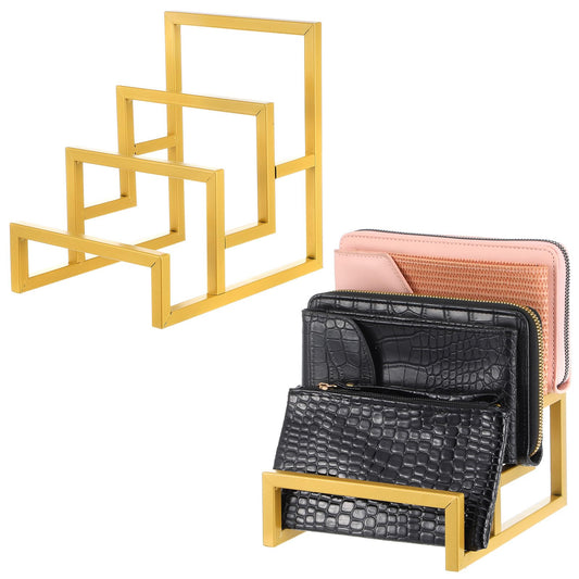 xozeooeu 2 Pack 3-Tier Purse Display Stand, Gold Metal Clutch & Wallet Organizer Rack for Handbag Storage - Home, Closet, Retail Boutique Store Supplies (7.6" H)