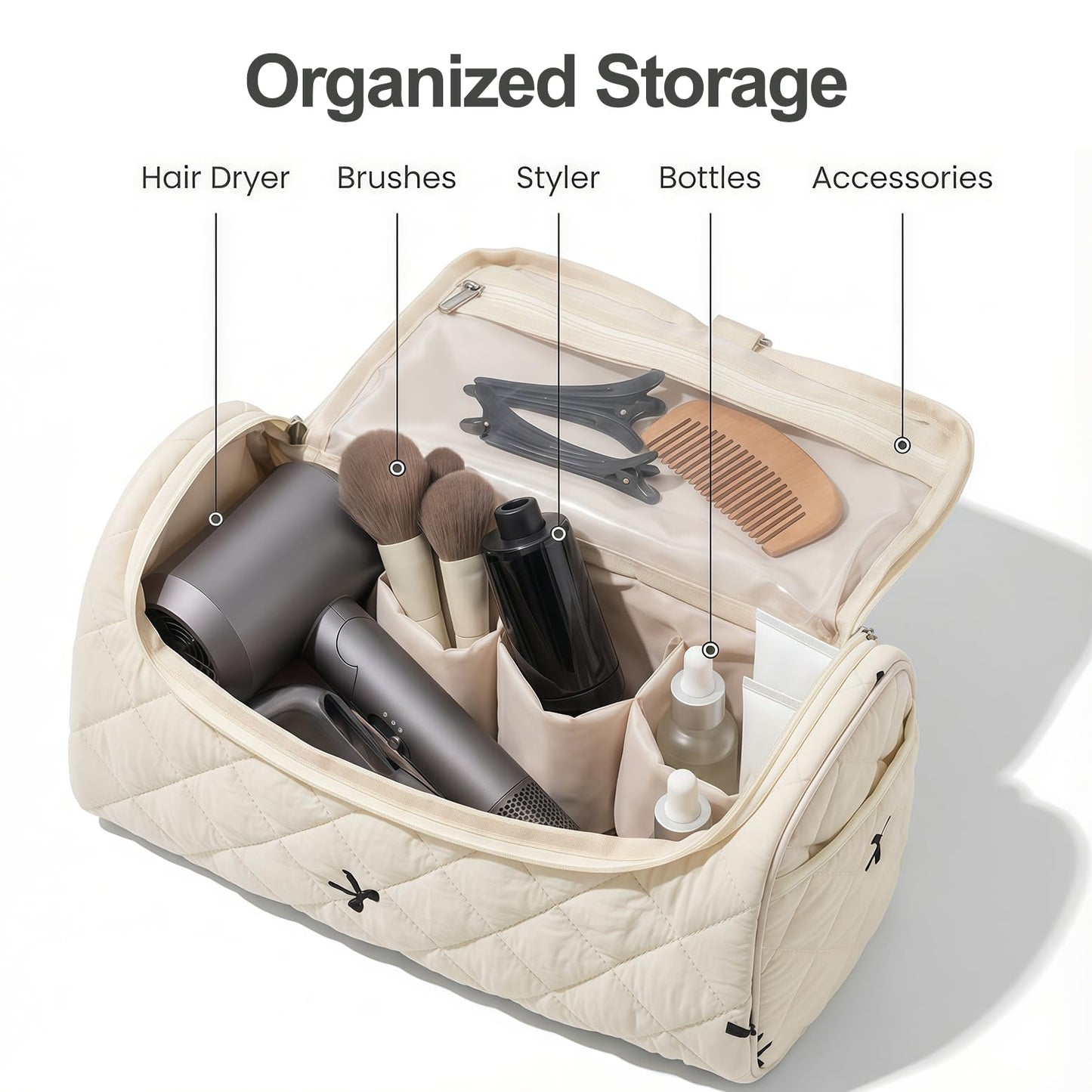 idoltimes Quilted Hair Tools Travel Bag, Cute Portable Organizer Case with Hanging Hook, Compatible with Dyson Airwrap Styler,Hair Curler Accessories