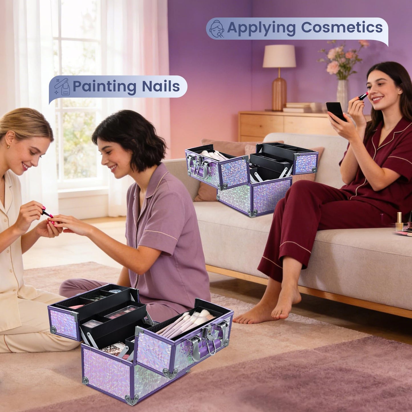 FRENESSA Makeup Case Organizer Makeup Box Cosmetic Train Case Portable Make Up Artist Travel Case Storage Box 4 Trays with Dividers Lockable Hard Train Case Nail Tech Supply Storage Shiny Purple