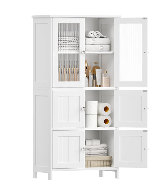 Akxomel 43.3'' H Bathroom Storage Cabinet, Bathroom Floor Cabinet with 6 Doors, Linen Cabinet with Transparent Doors, Modern Bathroom Cabinet for Living Room, Kitchen, Entryway, White