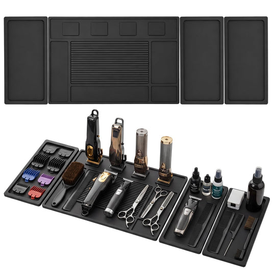 Novabright 4 Pcs Magnetic Barber Mat for Clippers Black Barber Tool Organizer Mat for Clippers and Salon Tools Heat Resistant Silicone Beauty Salon Table Mats Non-slip Barbershop Accessories