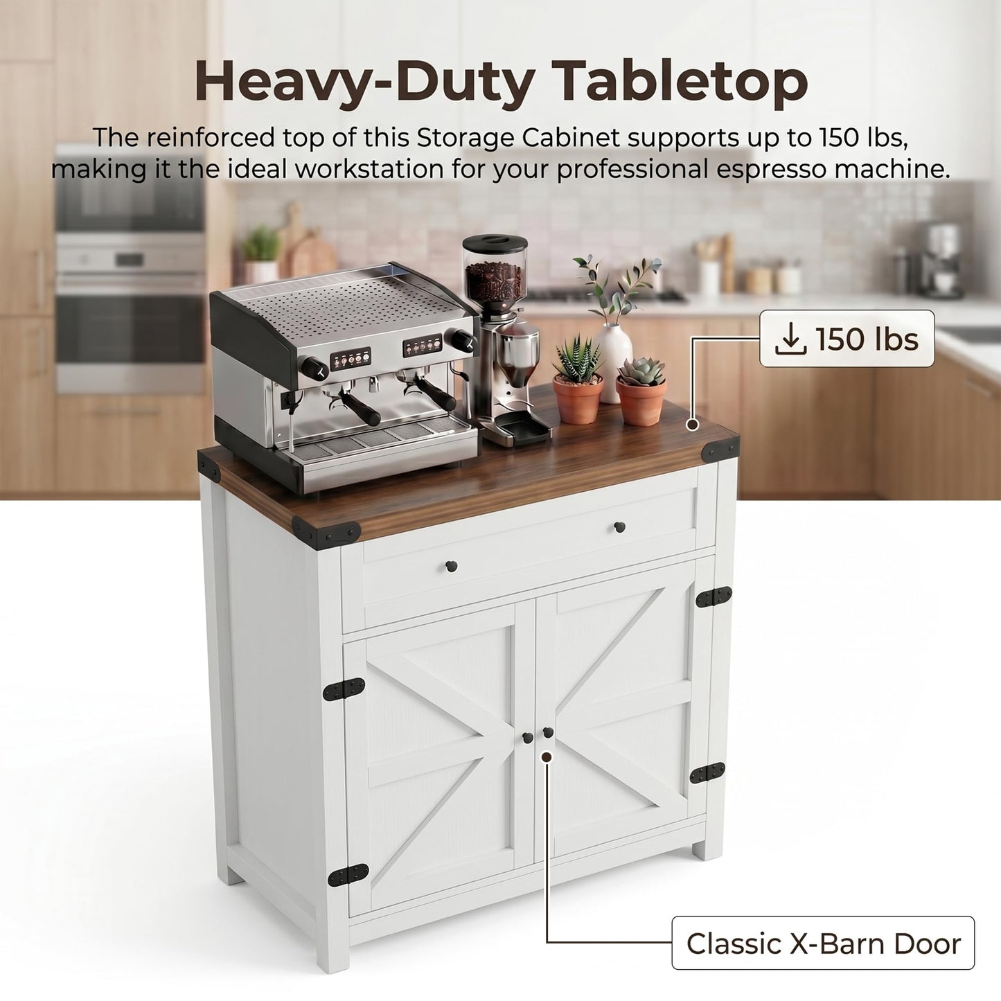 YESHOMY Kitchen Storage Cabinet, Coffee Bar Cabinet, Farmhouse Sideboard Buffet with Storage, Barn Door Accent Cabinet with a Drawer and Adjustable Shelf for Dining Room, Entryway, White&Brown, 1PCS