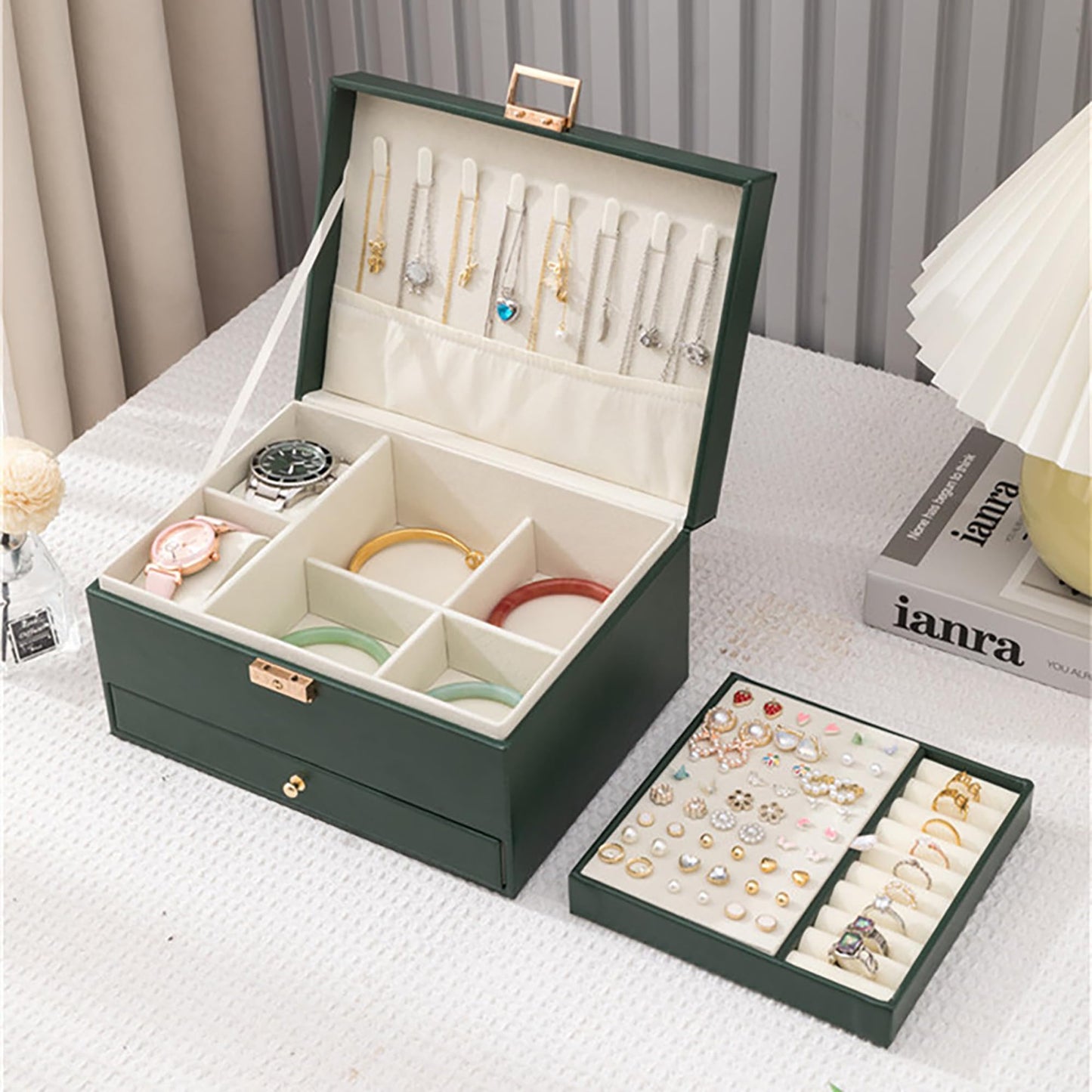 Jewelry Organizer Box, Jewelry Box Organizers for Women Girls, 3 Layers Large Leather Necklace Storage Case for Earring, Rings, Necklaces, Bracelets, Big and Small Jewellery, Watch, Gift (DeepGreen)