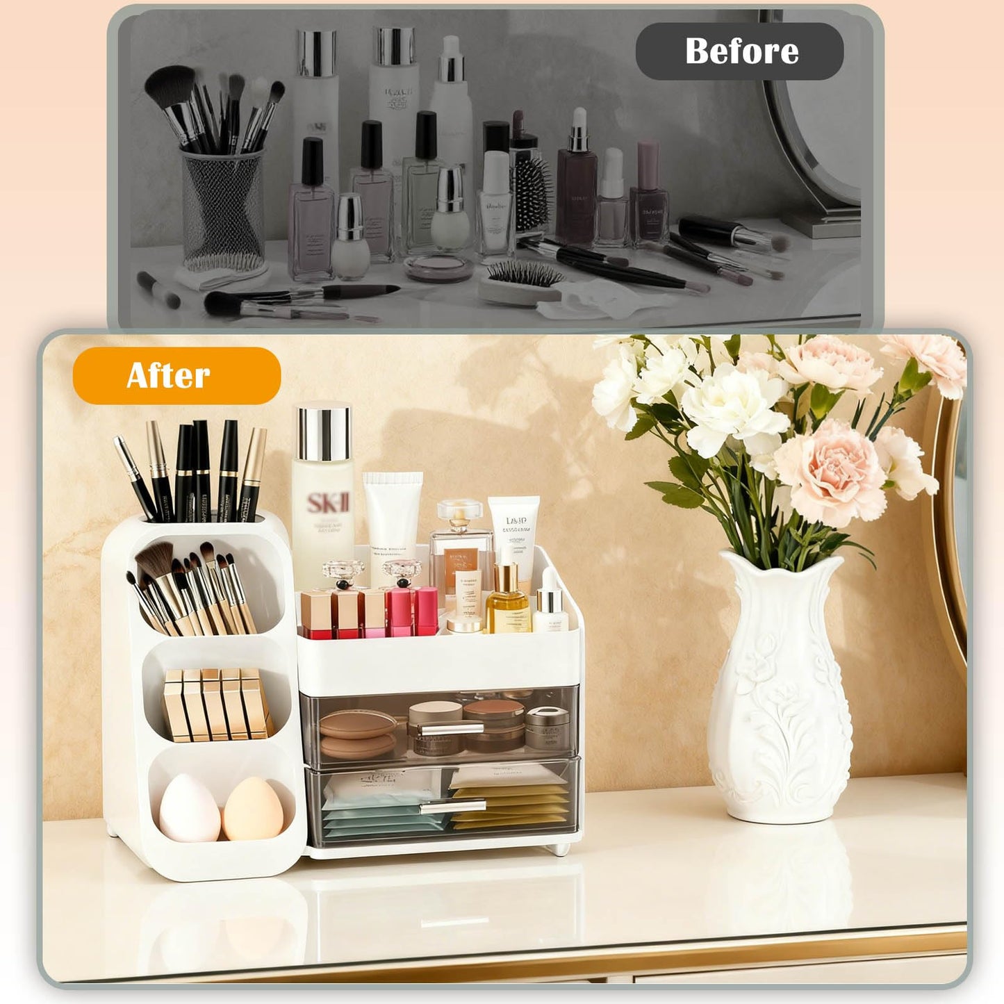 ShinyDew Bathroom Countertop Makeup Organizer with Brush Holder, Large Cosmetic make up storage organizers with 2 Drawers for Vanity Counter top, Makeup Caddy for skincare, lipsticks, hairbrush