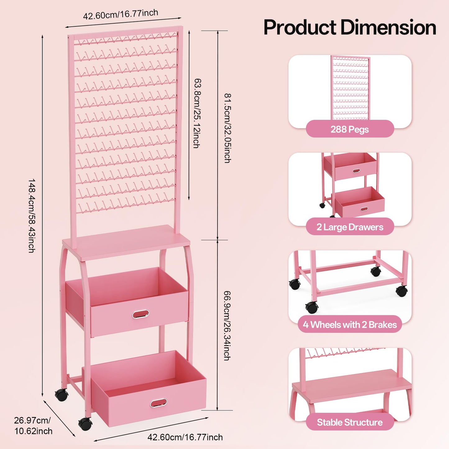 Portable Braiding Hair Rack with Wheels & Storage Drawers,2-Sided 288 Pegs,Hair Extension Holder Hanger for Braiding Hair Separator Stand Display,Hair Rack with Stylist Hair braiding Tools（Pink）