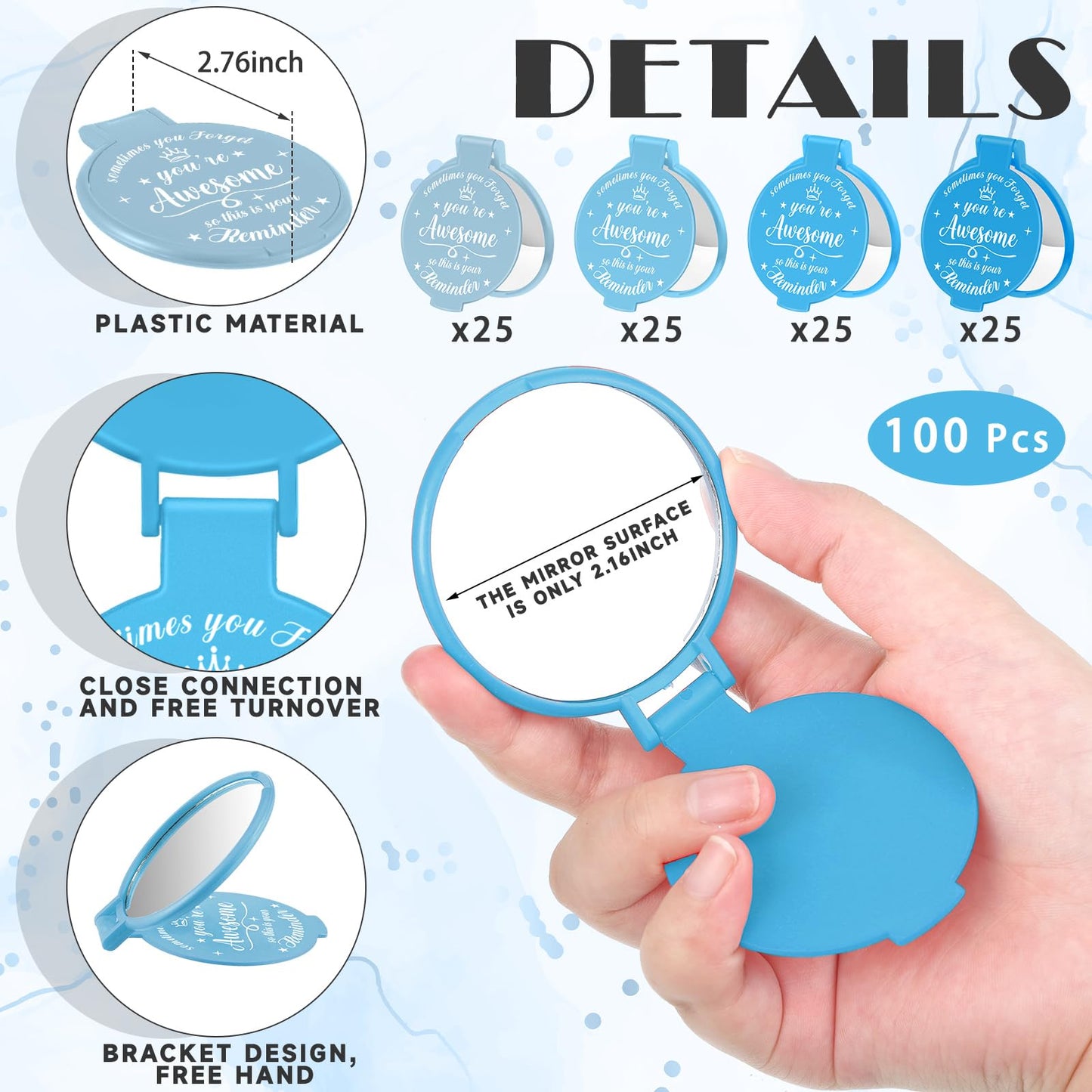 Gulfmew 100 Pcs 2.76 Inch Inspirational Compact Mirror Bulk Women Small Gifts Graduation Mothers Day Party Favors Purse Mirror Pocket Mini Items for Adult Coworker Cheerleader Swag Bag (Blue Series)