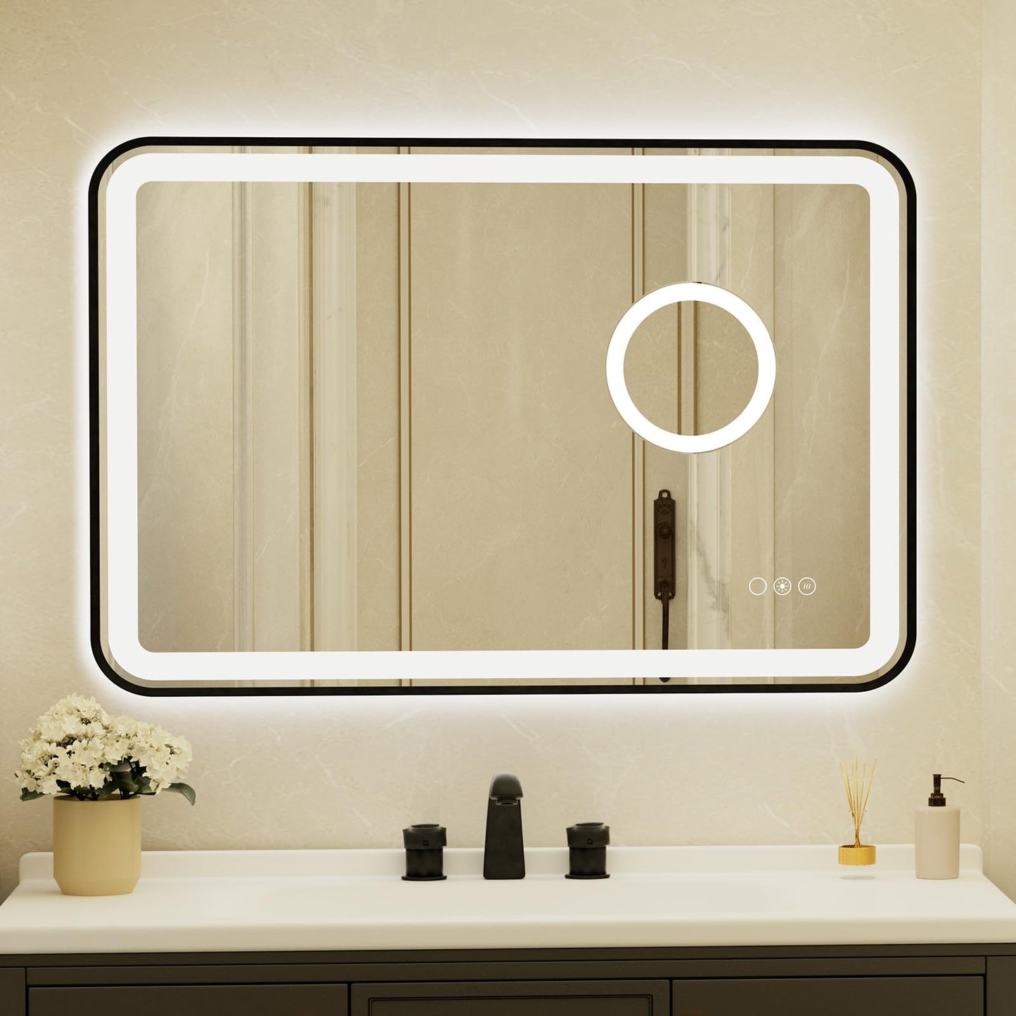 24x36 Inch Black Framed LED Bathroom Mirror with Lights,Magnifying Tempered Glass, Dimmable Lighted Bathroom Vanity Mirror with 3 Colors, Backlit + Frontlit,Anti-Fog