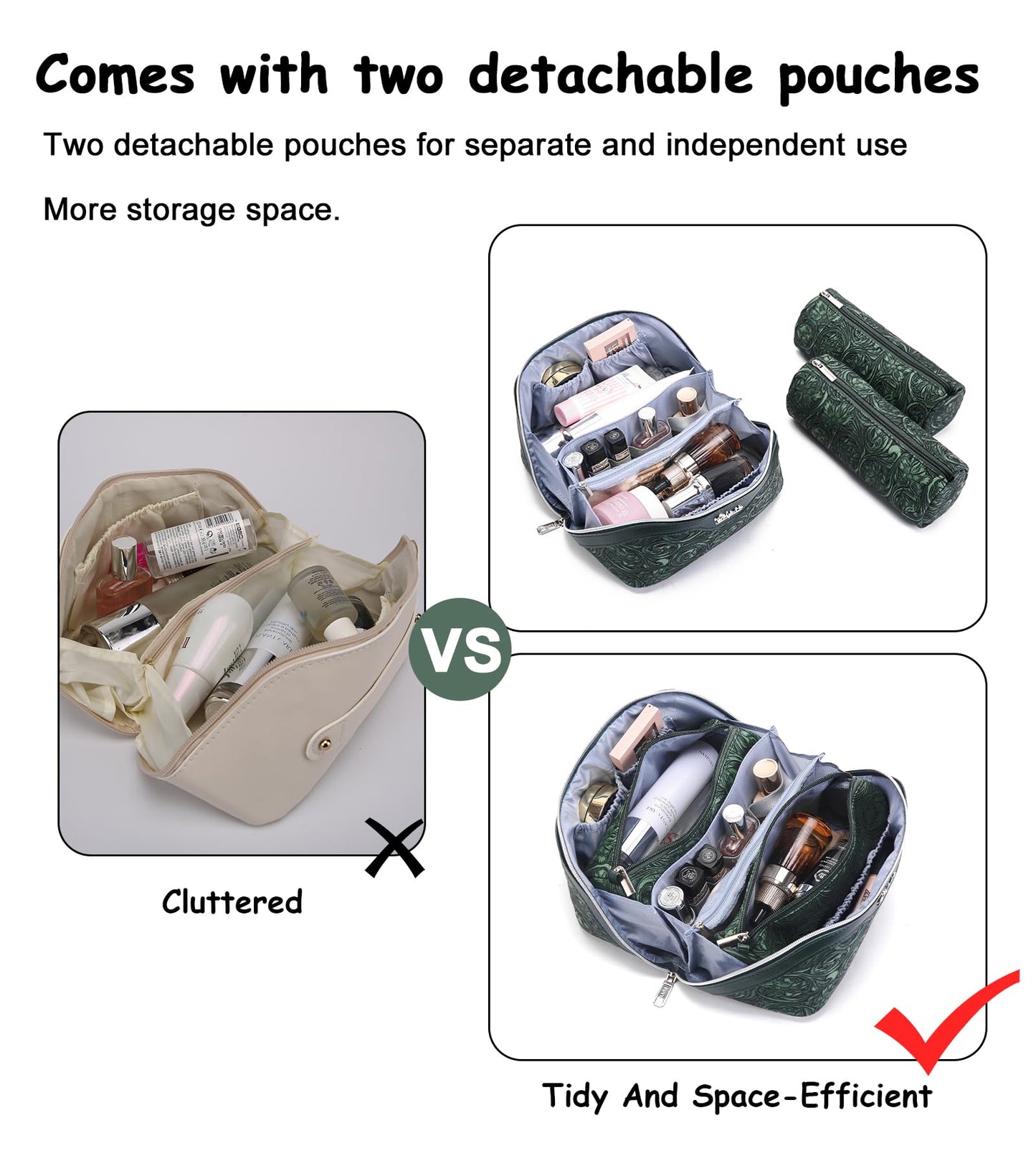 BOYATU Travel Makeup Bags Cosmetic Organizer Bag: 3 Pcs Set Large Capacity Floral Make up Bag with Compartments - Waterproof Leather Toiletry Bags with Handle for Women (18-Green)