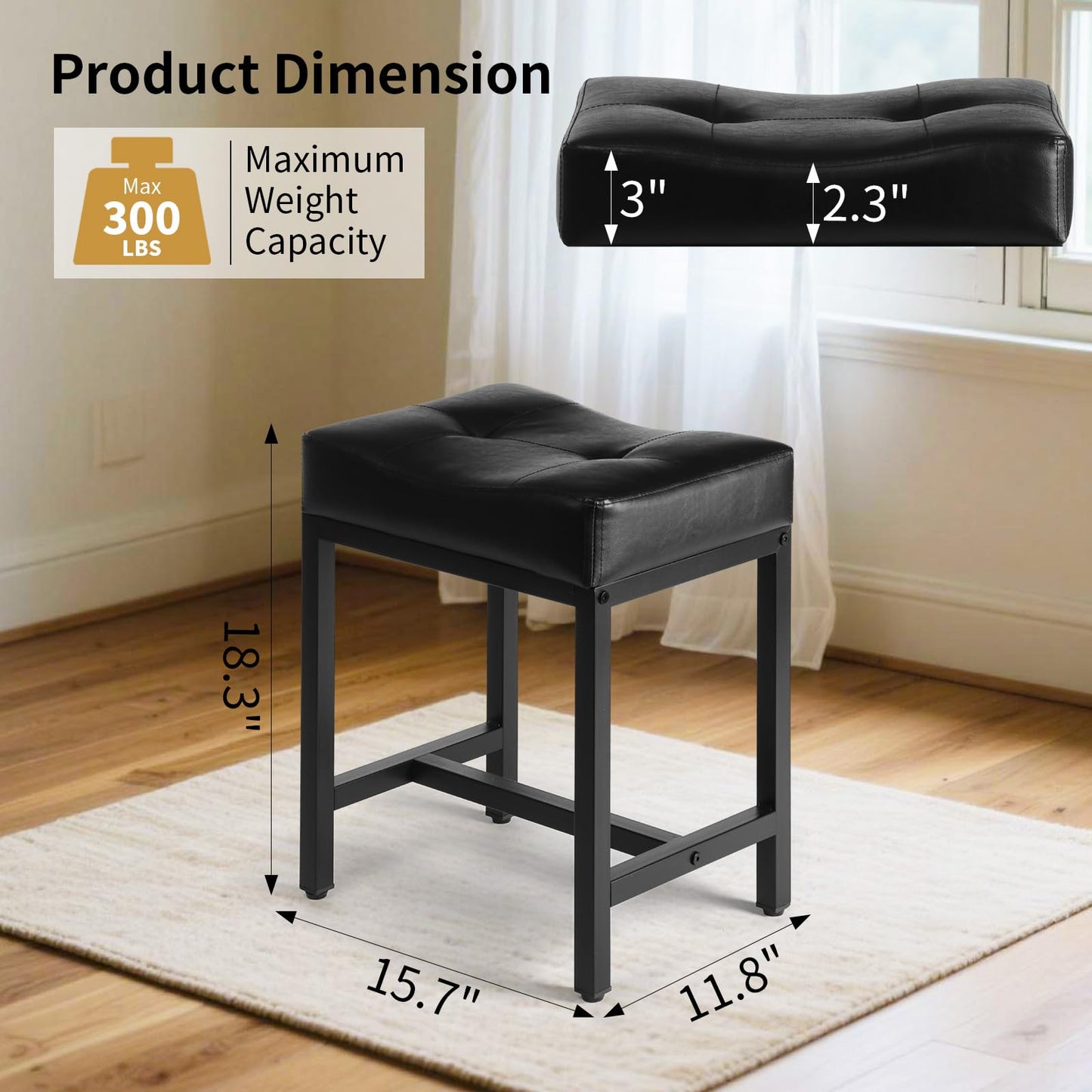 FLYZC Saddle Seat Vanity Stool, Makeup Stool Chair with Metal Leg, U-Shaped Faux Leather Ottoman Foot Rest, Small Square Chairs Under Desk for Vanity, Living Room, Bedroom, Modern Makeup Bench Black