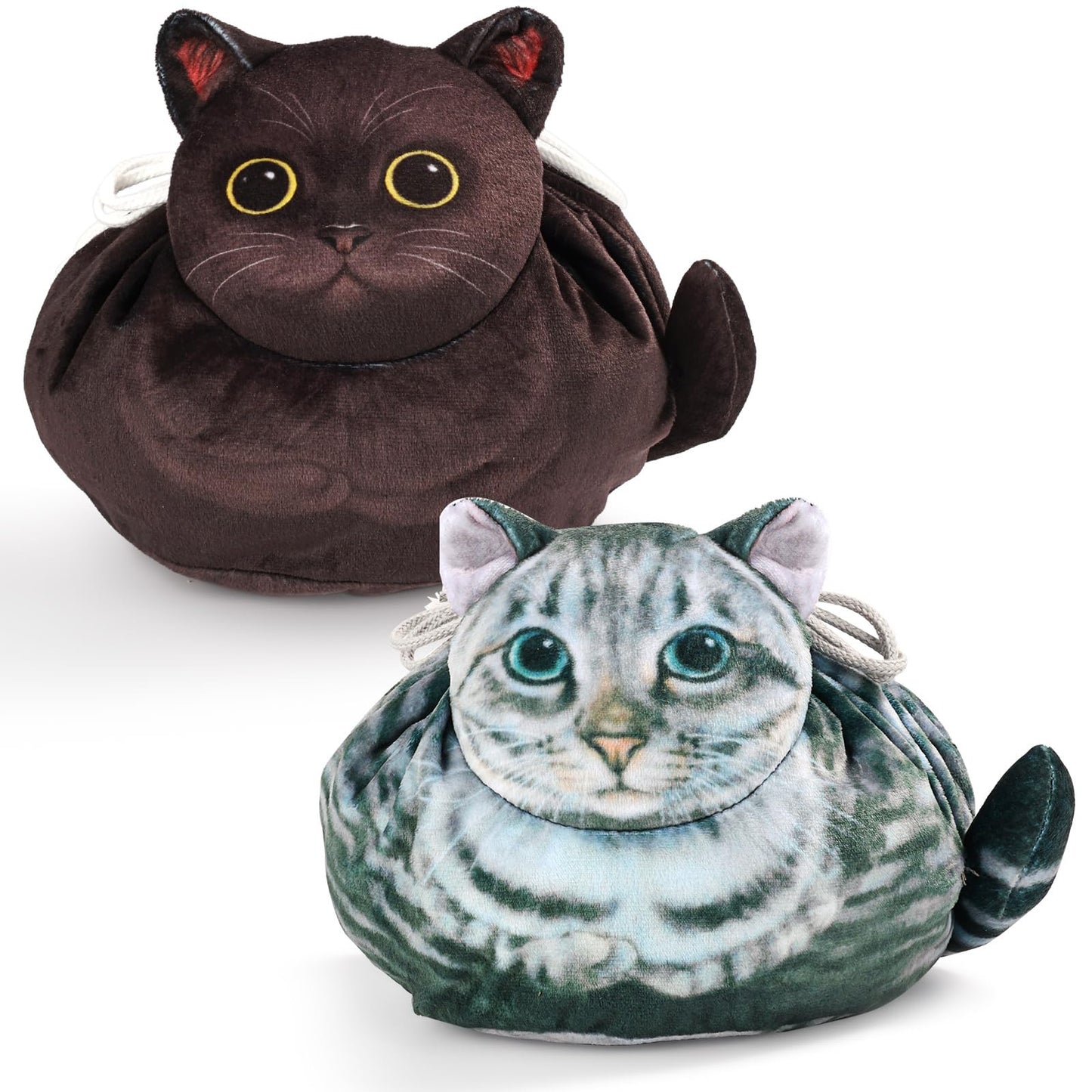Openhahaha 2-Pack(Black Cat and Grey Tabby Cat),Drawstring Makeup Bag,Cat Makeup Bag Cat Gift for Women, Lay Flat Makeup Bag Gifts for Cat Lovers