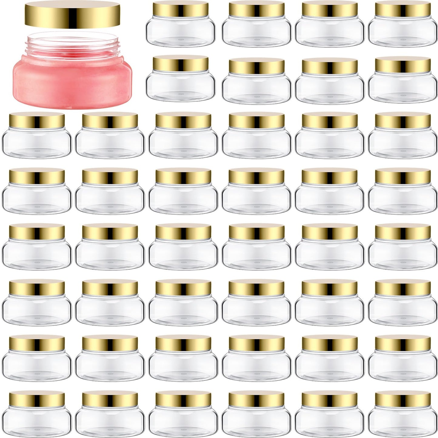 Mumufy 48pcs Plastic Jars with Lids Round Empty Containers Travel Containers for Creams Refillable Cosmetic Jars for Lotions Body Scrub Body Butter (5 oz,Gold,Clear)