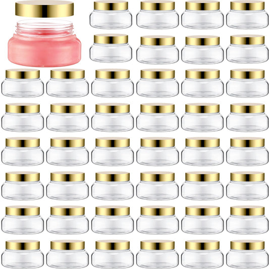 Mumufy 48pcs Plastic Jars with Lids Round Empty Containers Travel Containers for Creams Refillable Cosmetic Jars for Lotions Body Scrub Body Butter (5 oz,Gold,Clear)