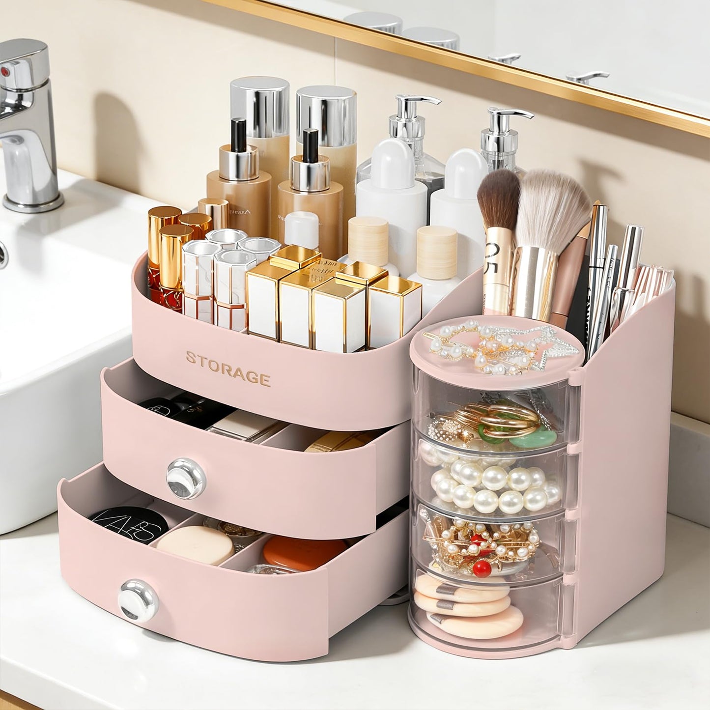 XIAPIA Makeup Organizer Countertop, Make Up Organizer for Vanity, Skincare & Cosmetic Organizers with Drawers, Bathroom Organizers Storage for Brush Holder|Lipstick|Jewelry, Ideal Gift for Women PINK