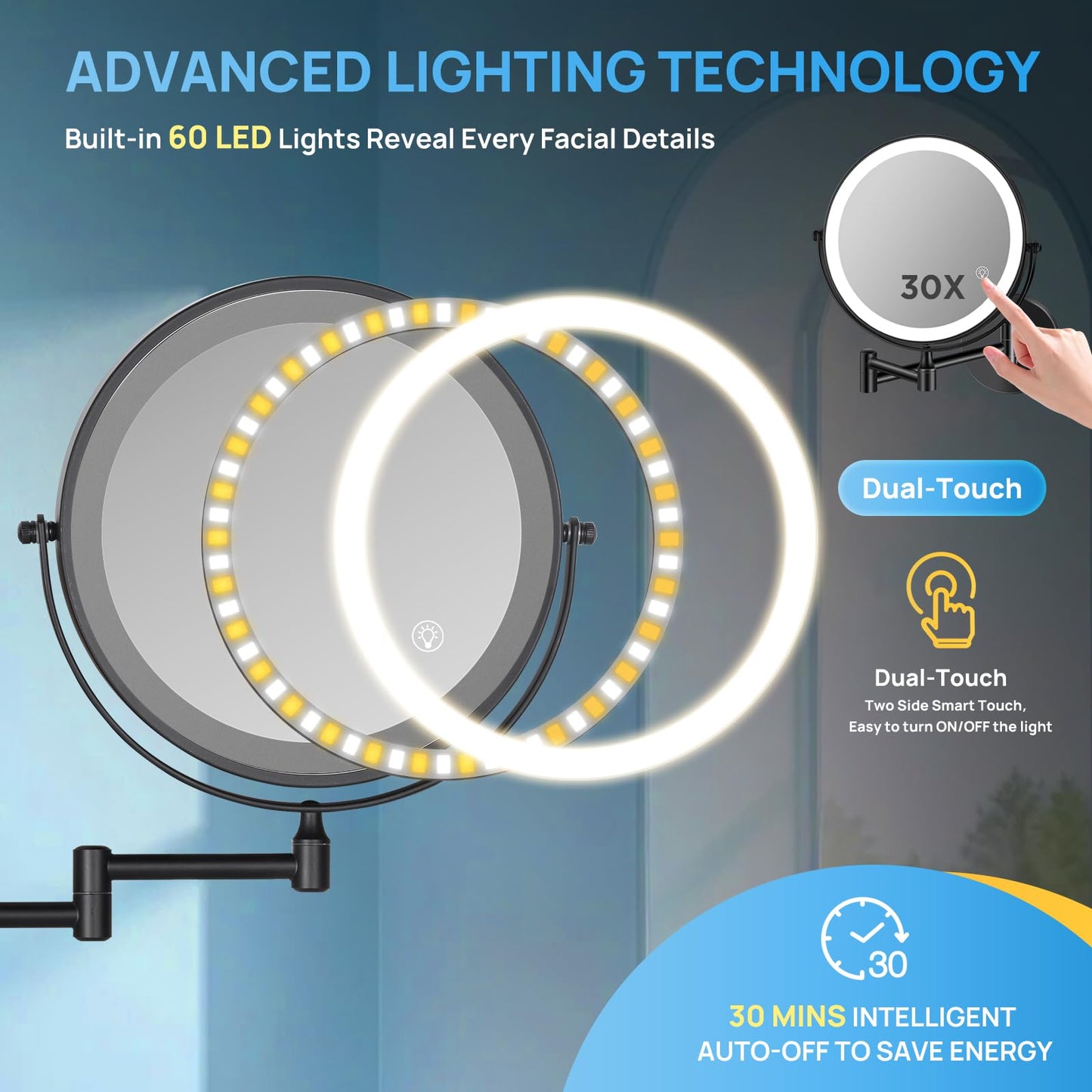 SANFANGIE Magnifying Mirror with Lights 1x/30x: 9" Double Sided Wall Mounted Lighted Makeup Mirror for Bathroom, Black