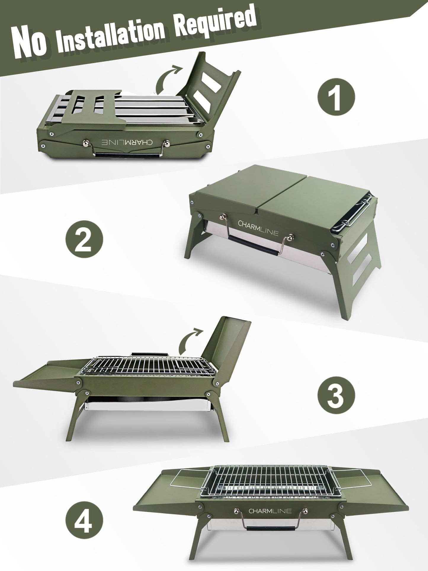 Charmline 14 x 9 inches Small Portable Charcoal BBQ Grill, Foldable Compact Camping Barbecue for 1–3 People, Ideal for Garden, Beach, Picnic & Tabletop Use, Green