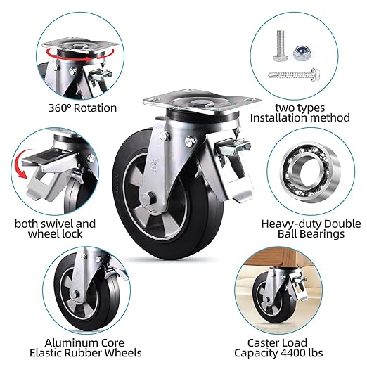 8 inch Casters Set of 4 Super Heavy Duty Plate Casters Swivel Industrial Aluminum Core Elastic Rubber Wheels for Cart Furniture and Workbench Locking Outdoor Dolly Castors Replacement Load 4400Lbs