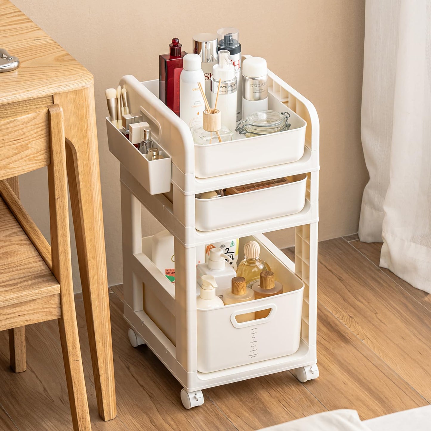 Rolling Makeup Organizer Cart with Removable Drawer, 3 Tier Stable White Floor Skincare Storage Cart for Vanity, Cosmetic Display, Nail Polish, Perfume, Hair Stuff, Beauty, Bathroom (3 Tier White)