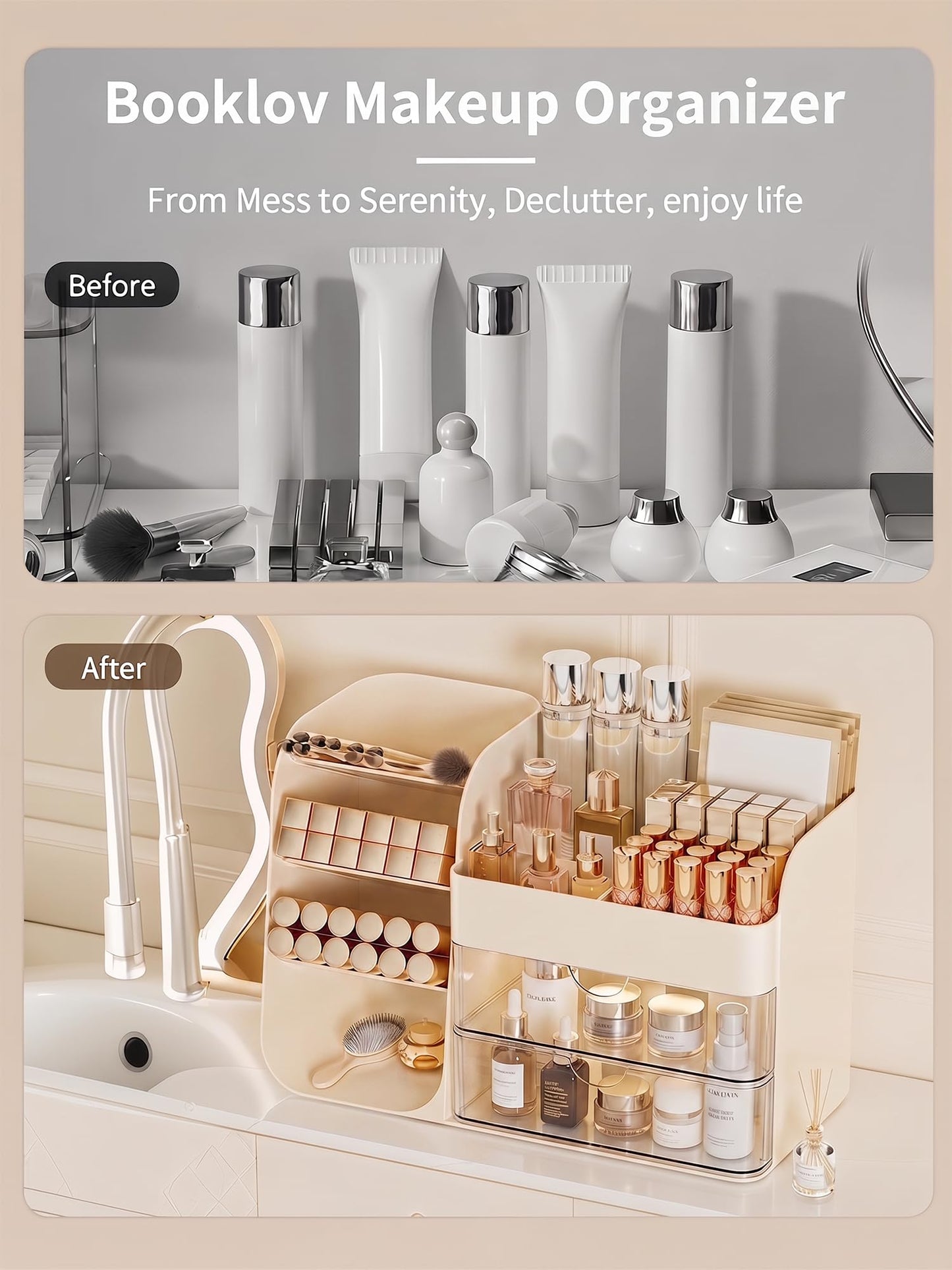 Booklov Makeup Organizer for Vanity, Countertop Cosmetic Display Case with Clear Acrylic Drawers, Bathroom Counter Beauty Caddy, Cute Table Storage Holder for Skincare, Brush Lipsticks, Crystal Creem