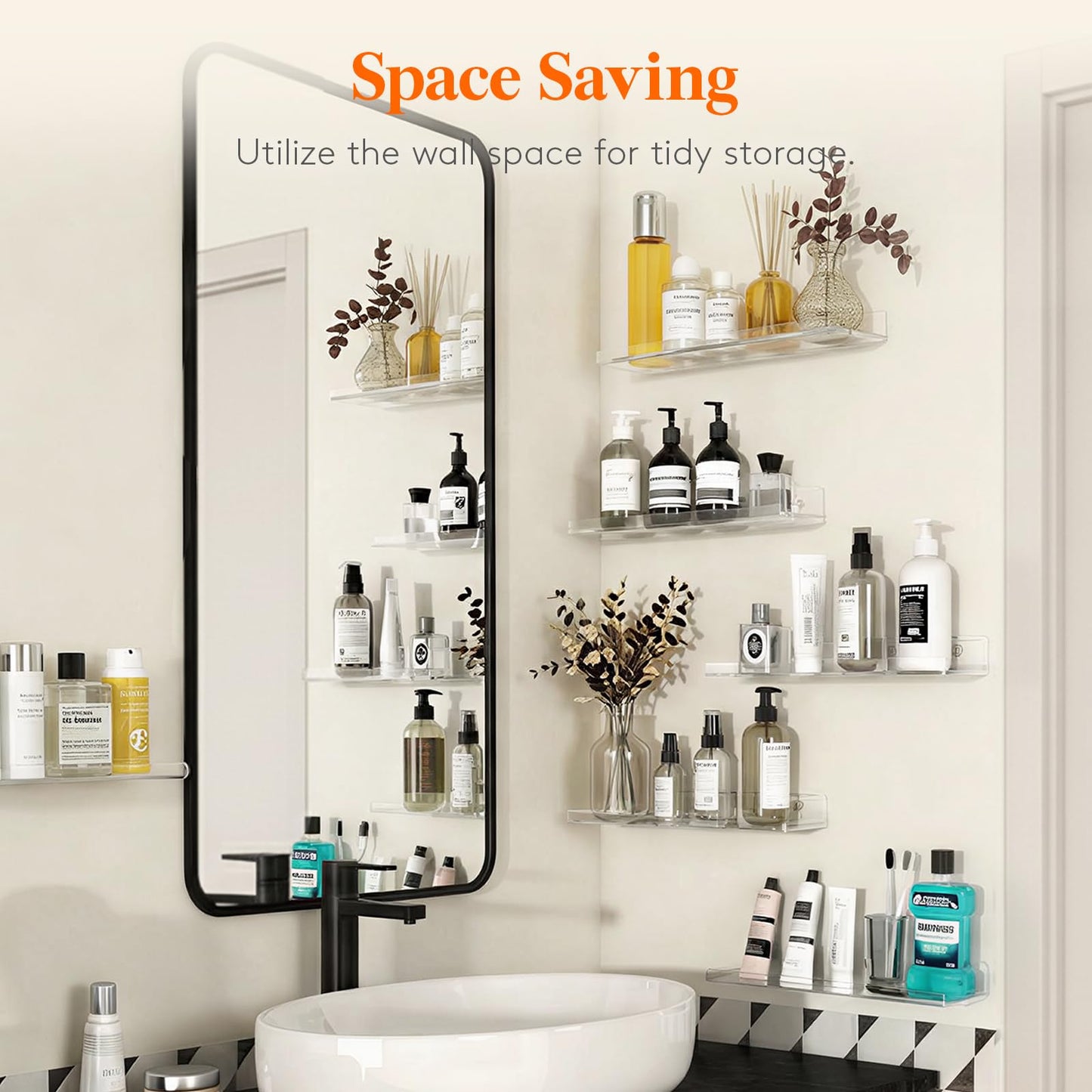 Lifewit Floating Shelves for Bathroom, Acrylic Display Shelf Wall Mounted for Makeup, Skincare, Nail Polish, Book, 14" Perfume Organizer for Bedroom, Living Room, Nursery, Home Decor, Clear, 4 Pack