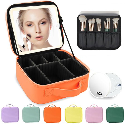 MORMID Makeup Bag with Mirror,with Mirror 3 Color Setting and Detachable 10x Magnifying Mirror Large Vanity Makeup Cases,Portable Storage and Adjustable Dividers, for Women and Makeup Artists-Orange