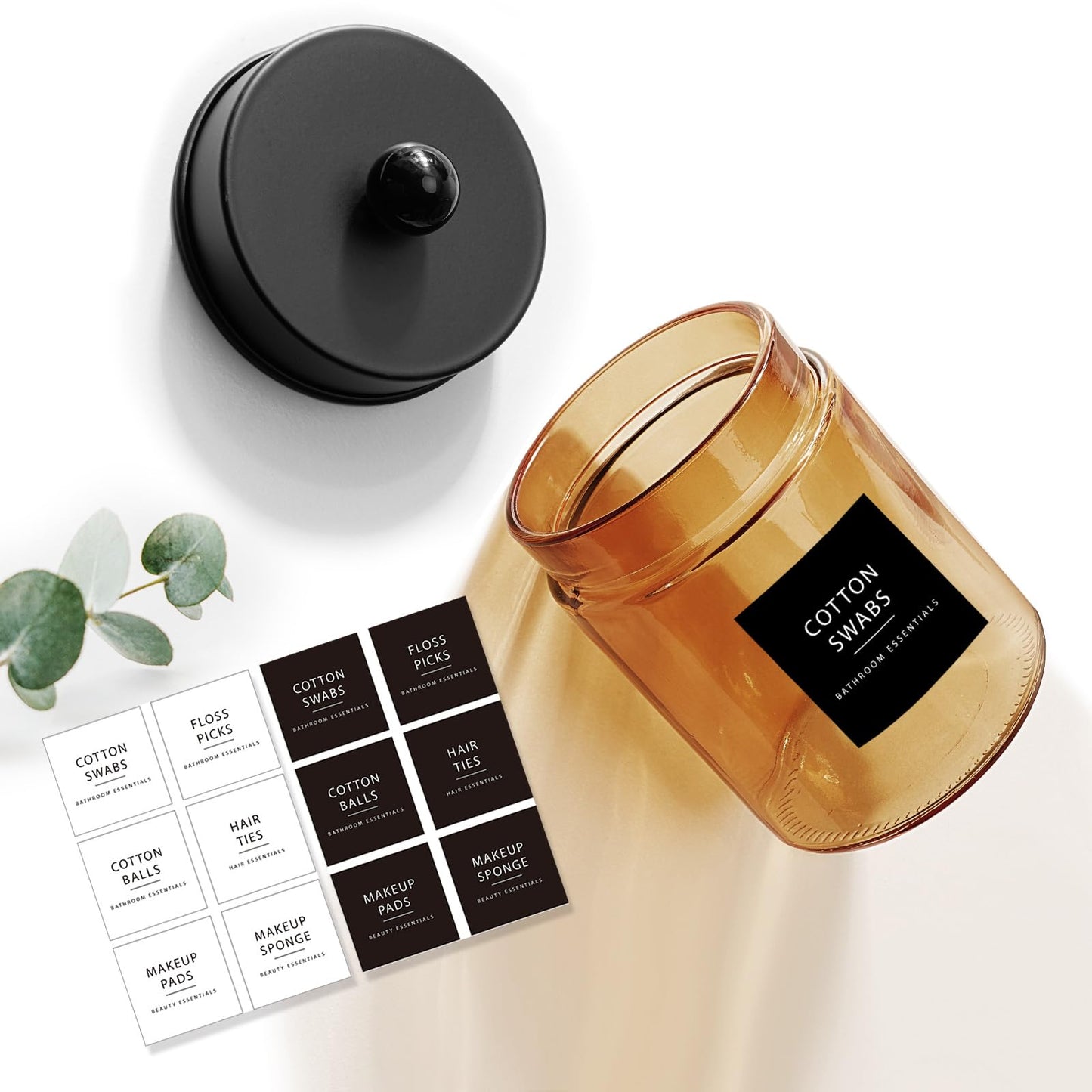 Amolliar Bronze Glass Apothecary Jar, Qtip Holder Metal Lid & Stickers, Bathroom Qtip Dispenser Storage Canister, Perfect for Cotton Balls, Cotton Swabs, Makeup Pads, Bath Salt, Floss, 4 Pack (Black)