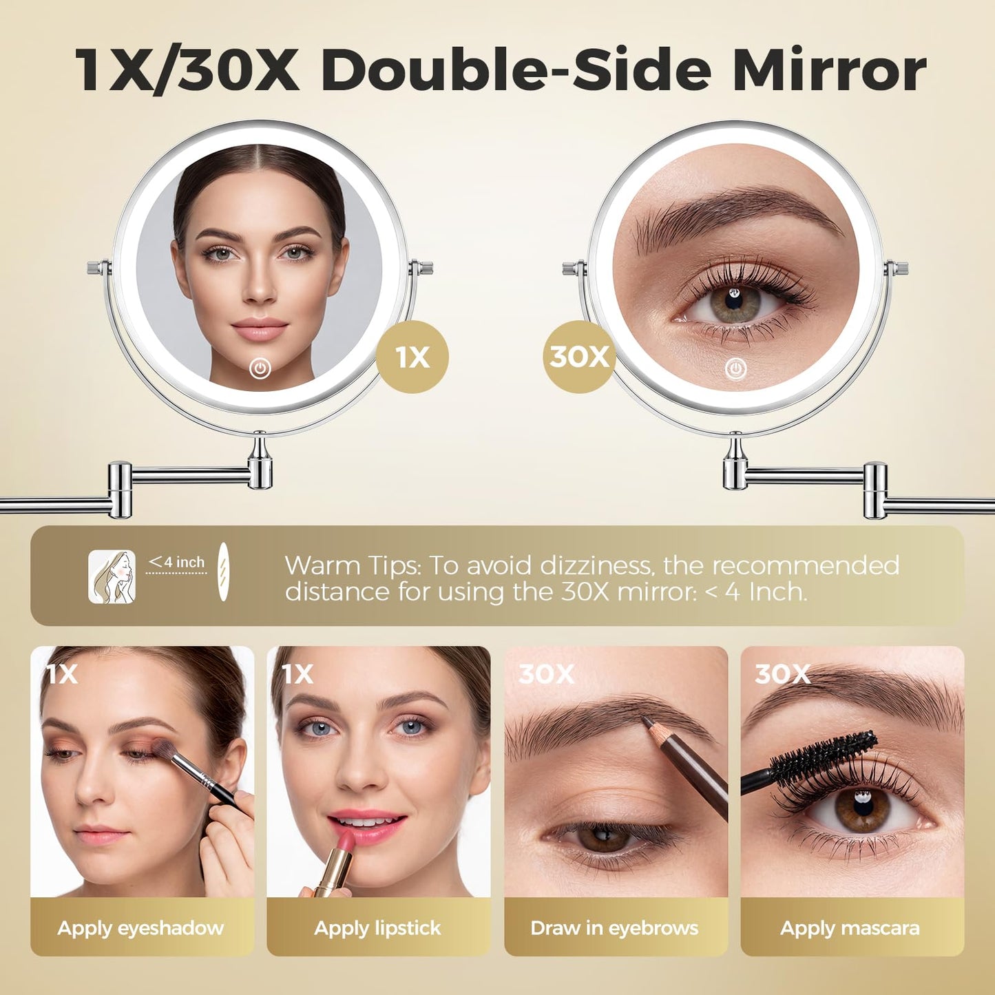 tubbede Wall Mounted Makeup Mirror with Light, 8 Inch 1X/30X Magnifying Mirror, Rechargeable 4000mAh, Double Sided, Extendable Arm, 360° Swivel Bathroom Mirror