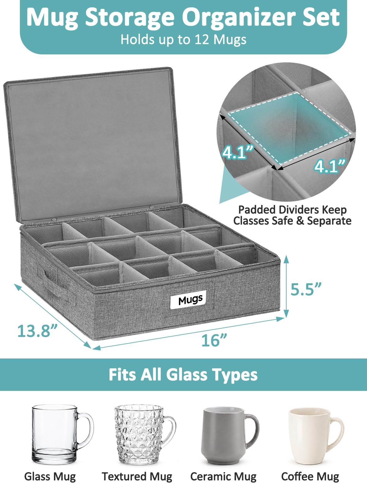 Cirhy Mug Storage Organizer, Hard Shell Coffee & Teacup Storage Box with 12 Padded Compartments, Stackable Portable Cup Storage Organizer for Holiday, Seasonal & Moving Use, 2-Pack, Grey