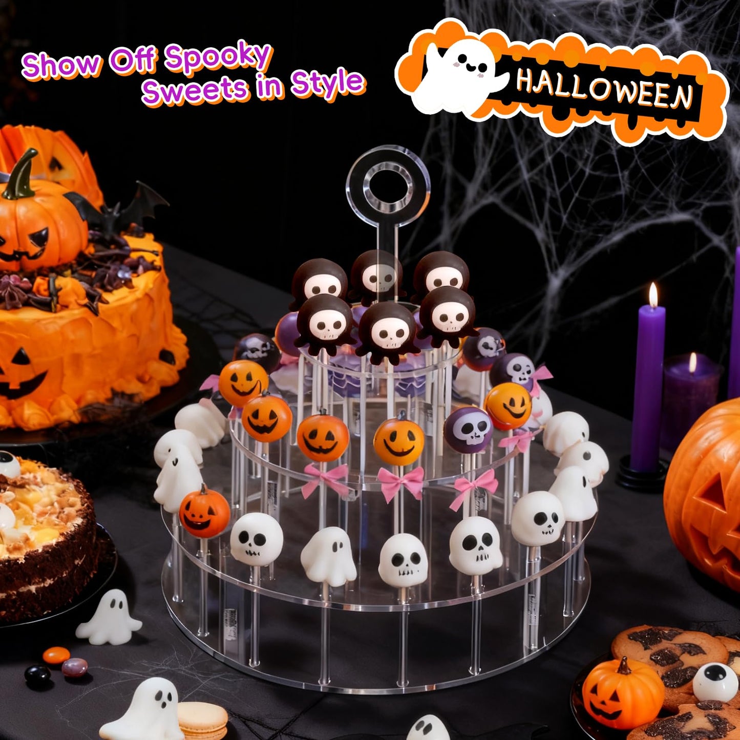 3 Tier Acrylic Lollipop Stand with Handle, 36-Hole Clear Cake Pop Holder with 100 Sticks, 100 Wrappers, 100 Gold Twist Ties, Candy Dessert Display Rack for Weddings, Birthday Parties, Baby Showers