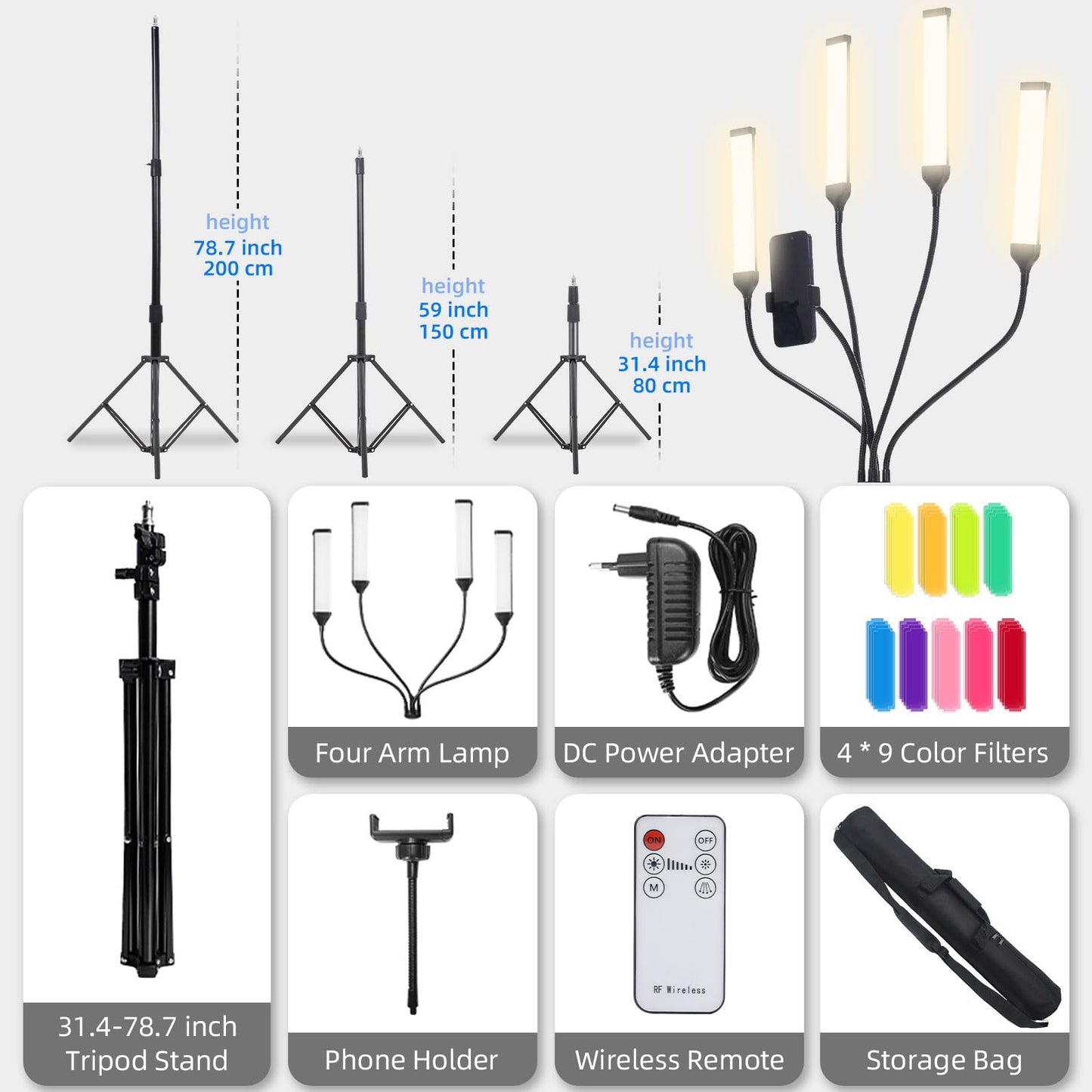 LED Video Light Kit with Four-arms, Studio Light for Video Recording Photography Lighting Kit, Dimmable LED Floor Light for Lash Techs, Estheticians & Tattoo Artists with Tripod Stand&Photography Bag