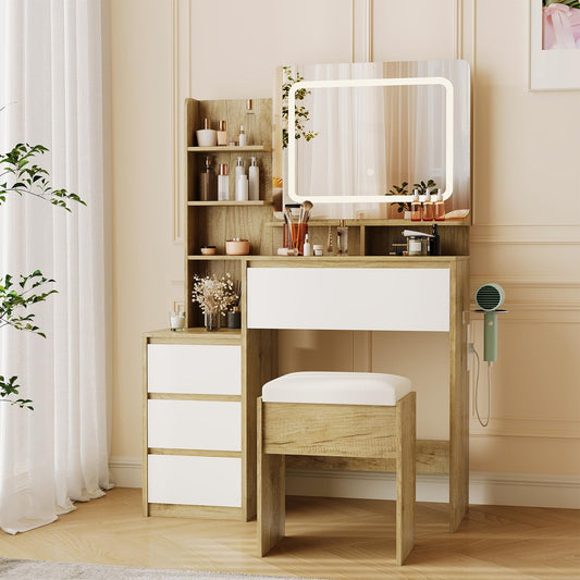 Vanity Desk with Mirror and Lights, Makeup Vanity with Adjustable Lights, Power Outlet & Storage: Dressing Table with Mirror, 4 Drawers, Shelves and Stool for Bedroom