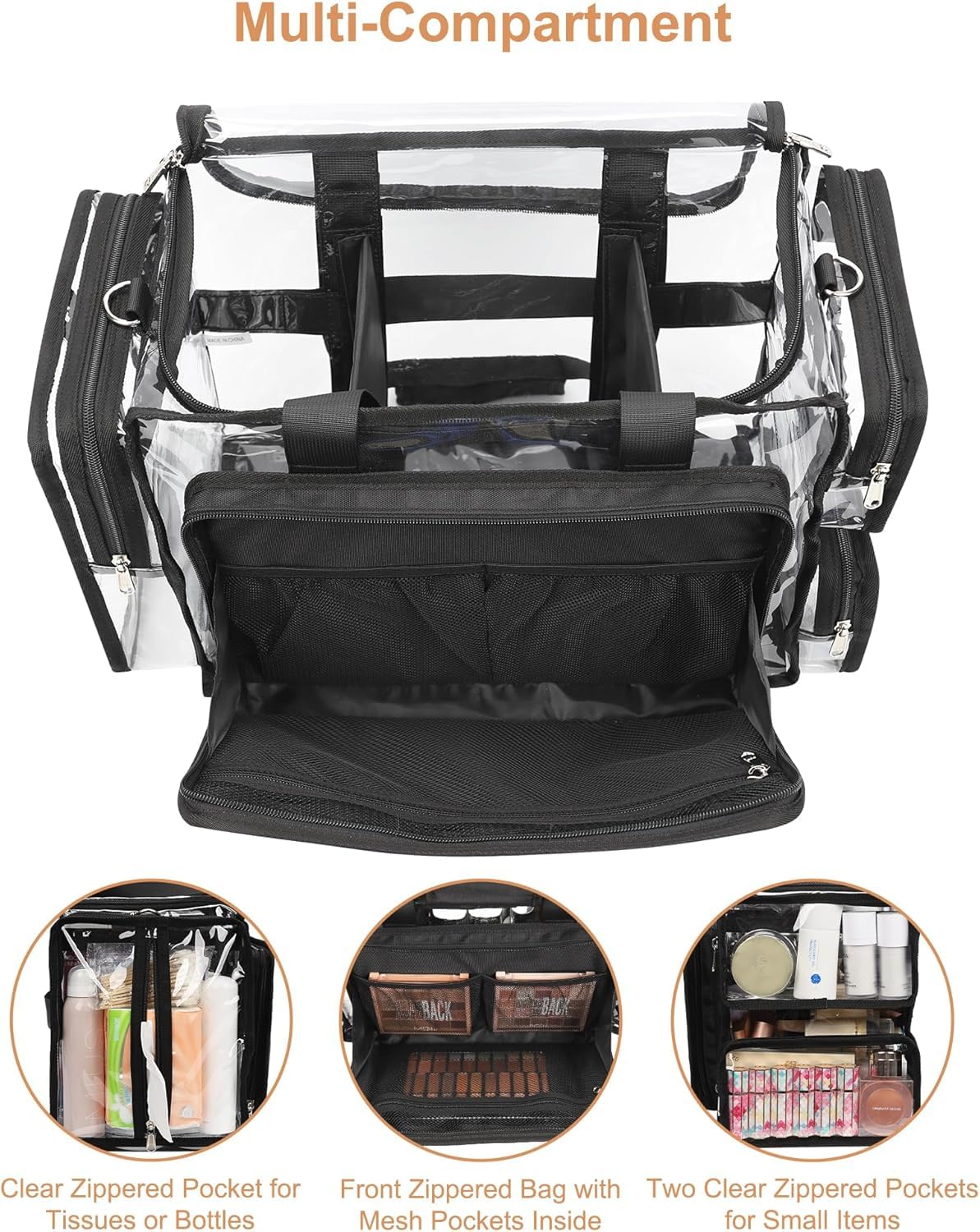 Relavel Clear Makeup Bag with 4 Small Pouches, Extra Large Makeup Artist Kit Set, Cosmetic Storage Organizer Transparent Tote Beach Toiletry Bag with Adjustable Dividers & Shoulder Strap