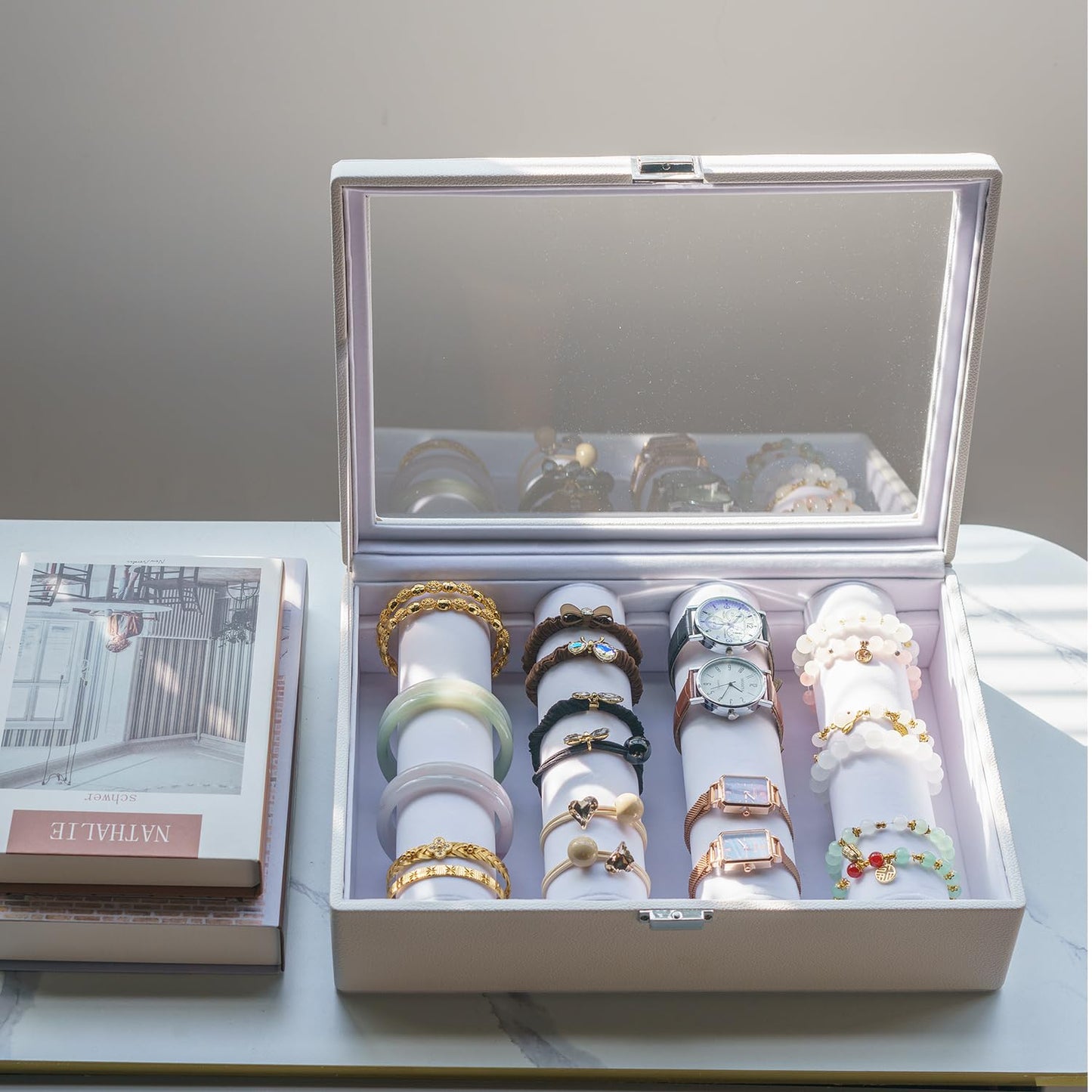 XHMQYC Bracelets Organizer Rods Bangles Display Holder, Clear See through Lid Leather Velvet Jewelry Storage Box Case for Women, 4 Rods White Leather